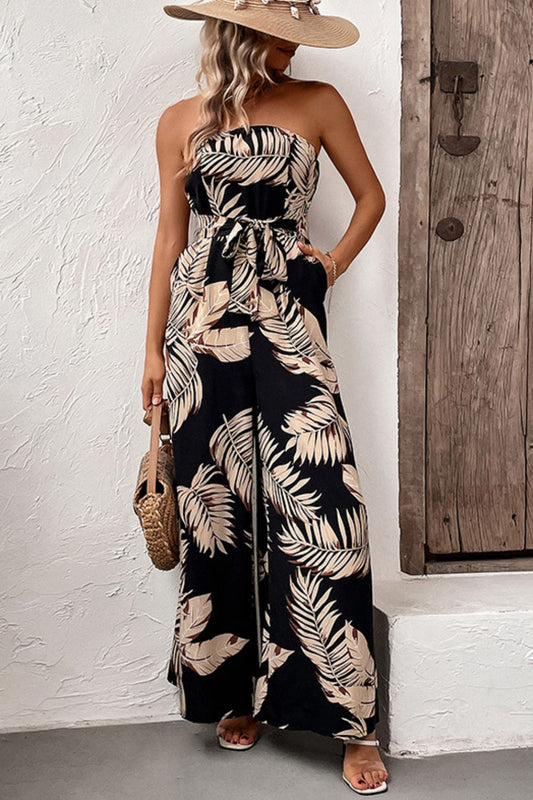 Printed Strapless Wide Leg Jumpsuit with Pockets nicholesgifts