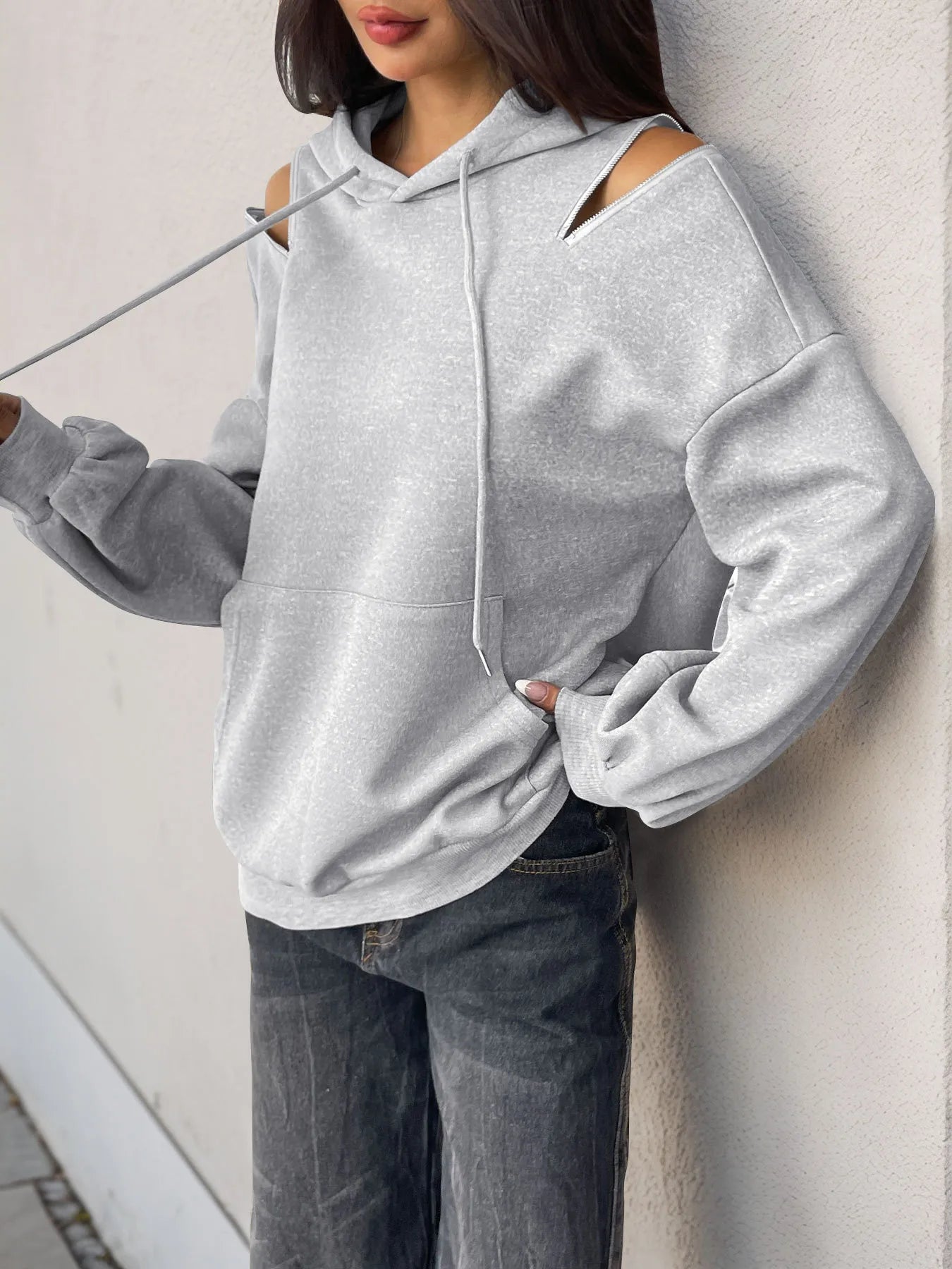 Drawstring Zip Detail Cold Shoulder Hoodie