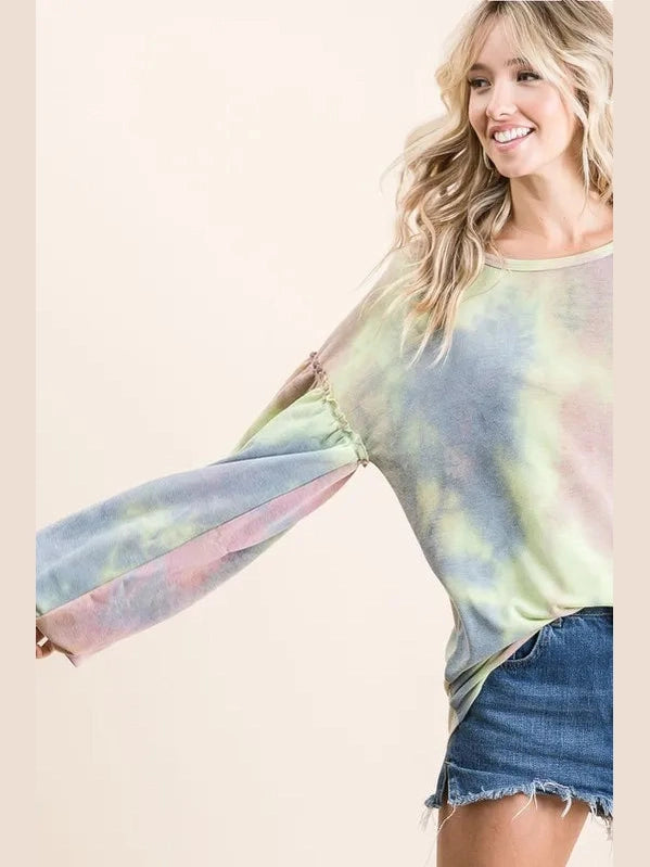 BiBi Tie Dye French Terry Sweatshirt With Bubble Sleeves Trendsi
