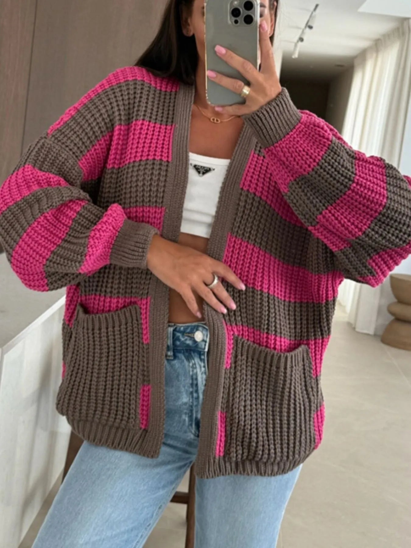 Striped Open Front Long Sleeve Cardigan Trendsi