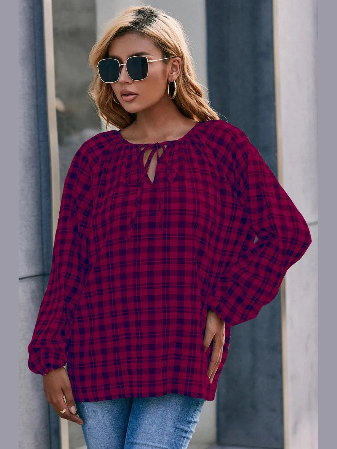 Ivy Lane Plaid Tie Neck Balloon Sleeve Blouse