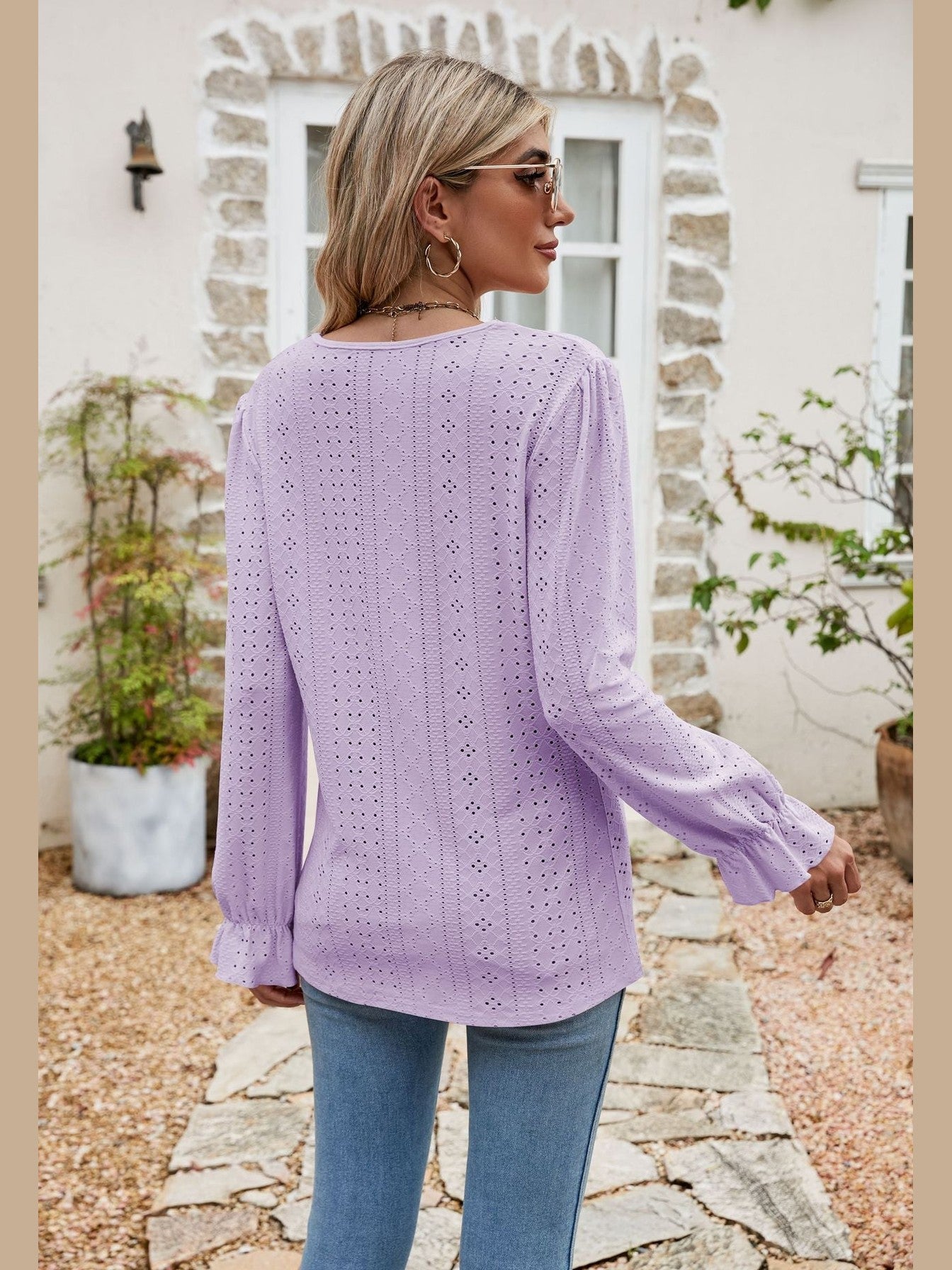 Eyelet Lace Trim Flounce Sleeve Blouse