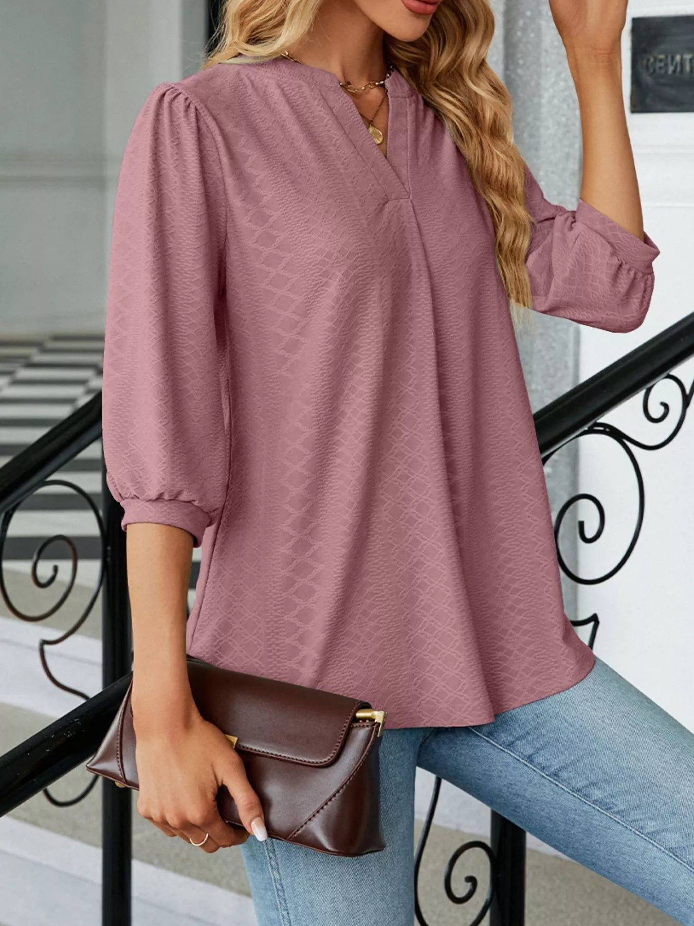 Notched 3/4 Sleeve Casual Top Trendsi