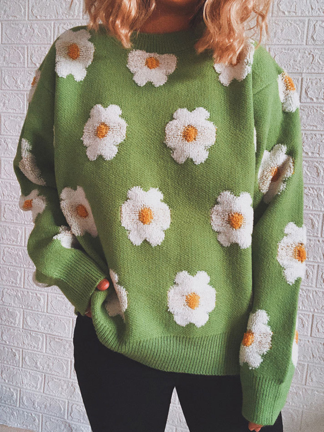 Flower Round Neck Long Sleeve Sweater Trendsi