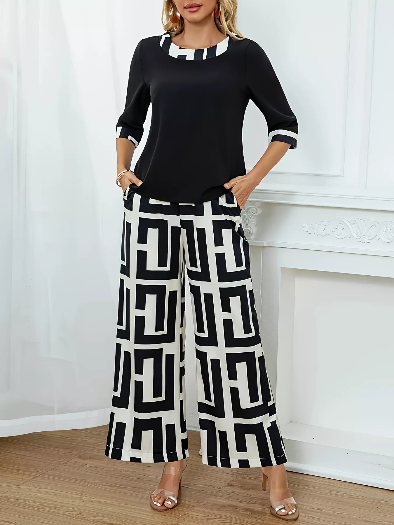 Round Neck Top and Wide Leg Pants Set NicholesGifts