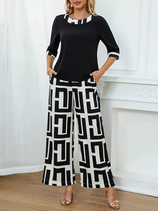 Round Neck Top and Wide Leg Pants Set NicholesGifts