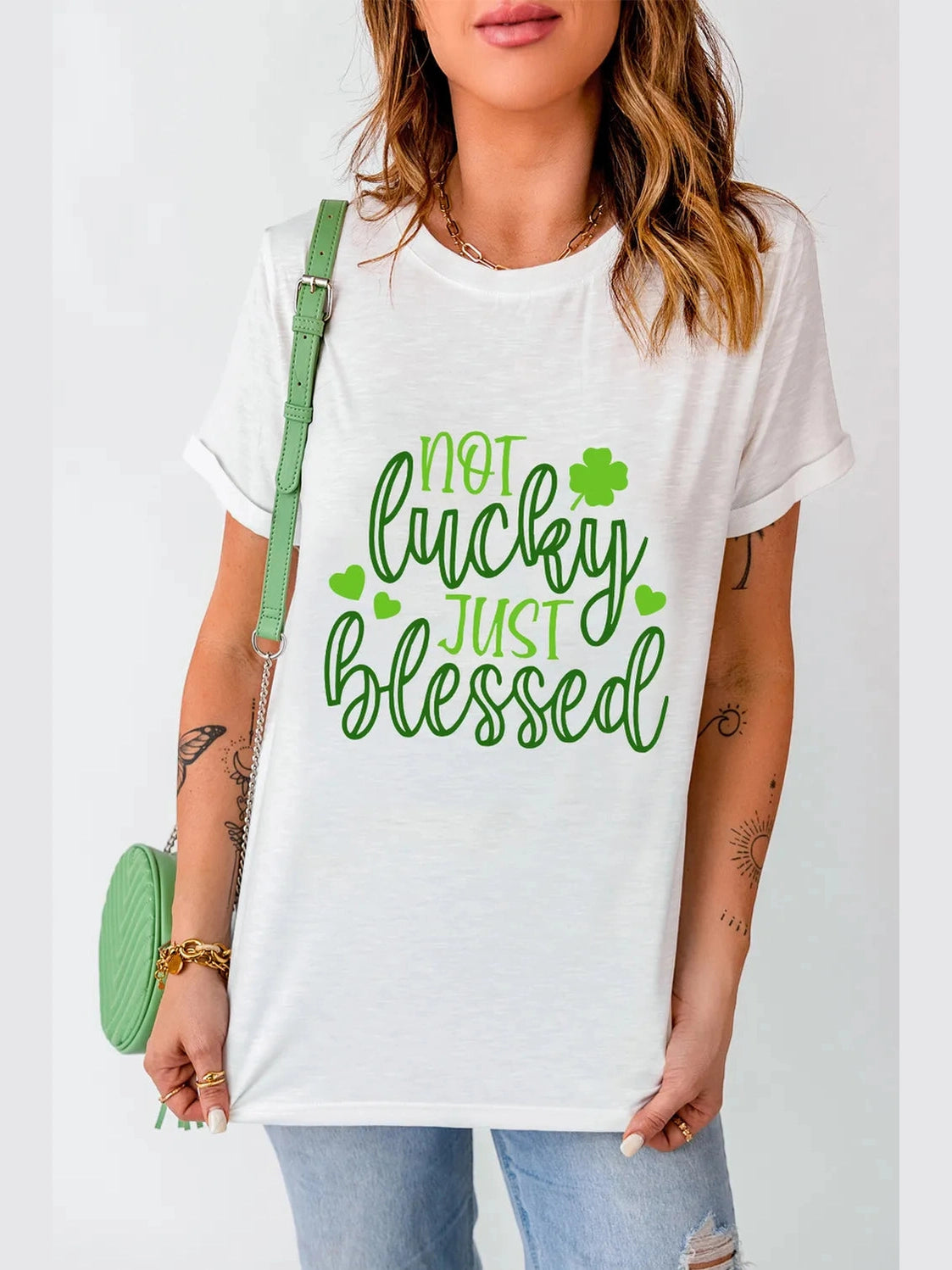 NOT LUCKY JUST BLESSED Round Neck T-Shirt nicholesgifts