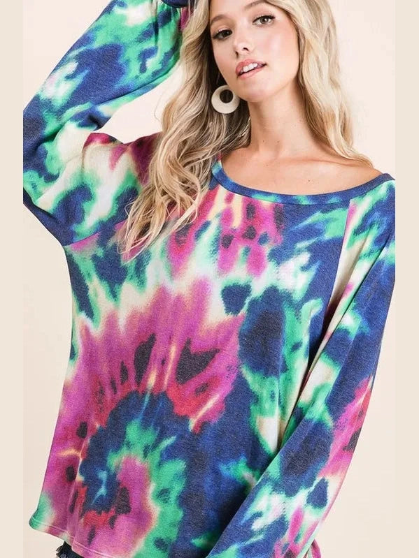 BiBi Tie Dye Print Terry Top with Puff Sleeves nicholesgifts