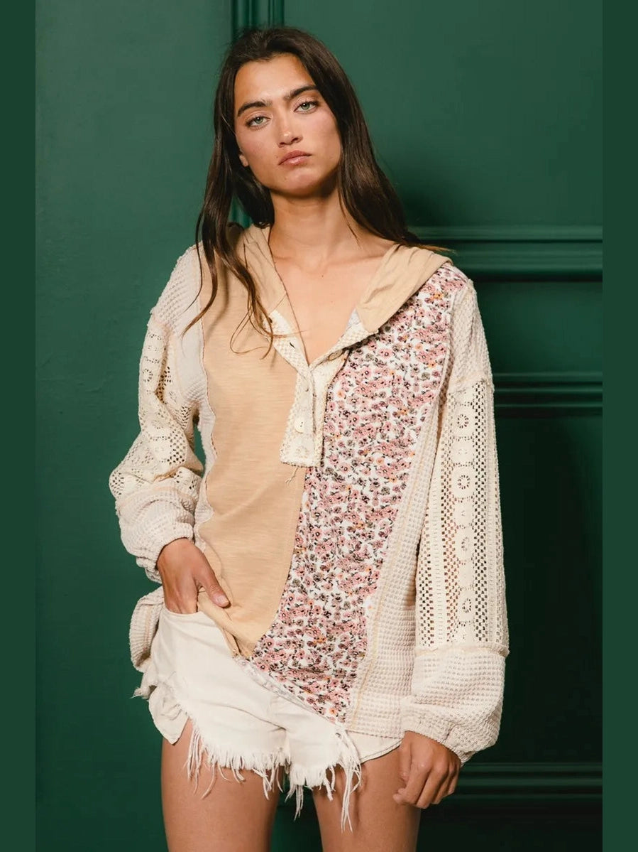 BiBi Slub Jersey with Lace Combo Buttoned Hoodie Top