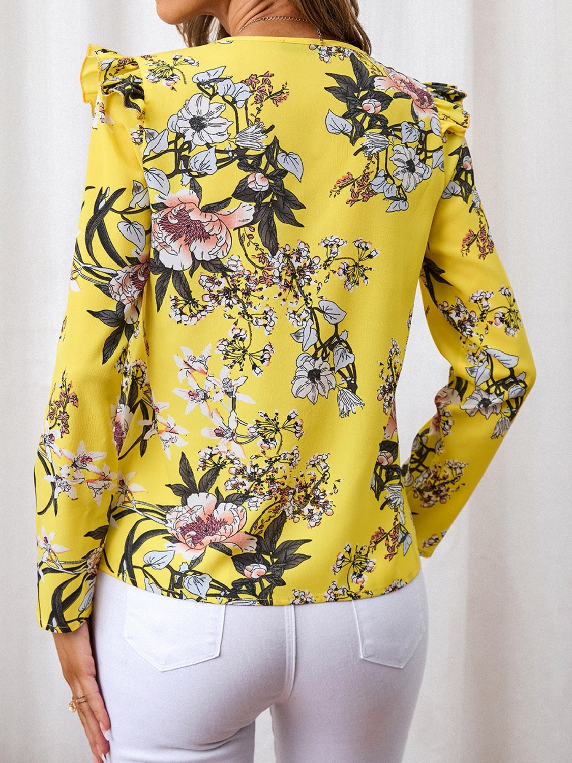 Women Ruffled Printed V-Neck Long Sleeve Blouse nicholesgifts