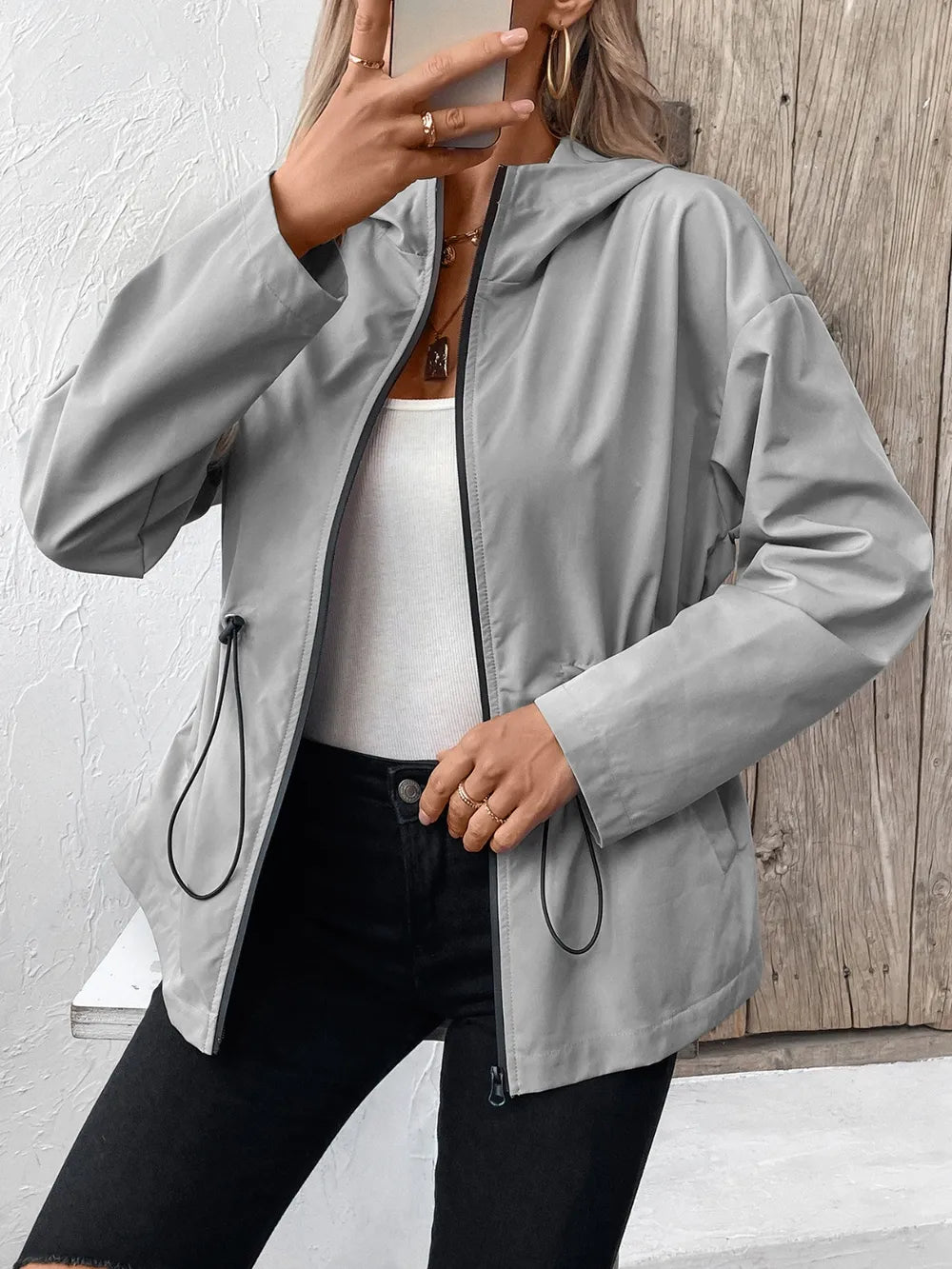 Ivy Lane Drawstring Zip Up Hooded Jacket nicholesgifts
