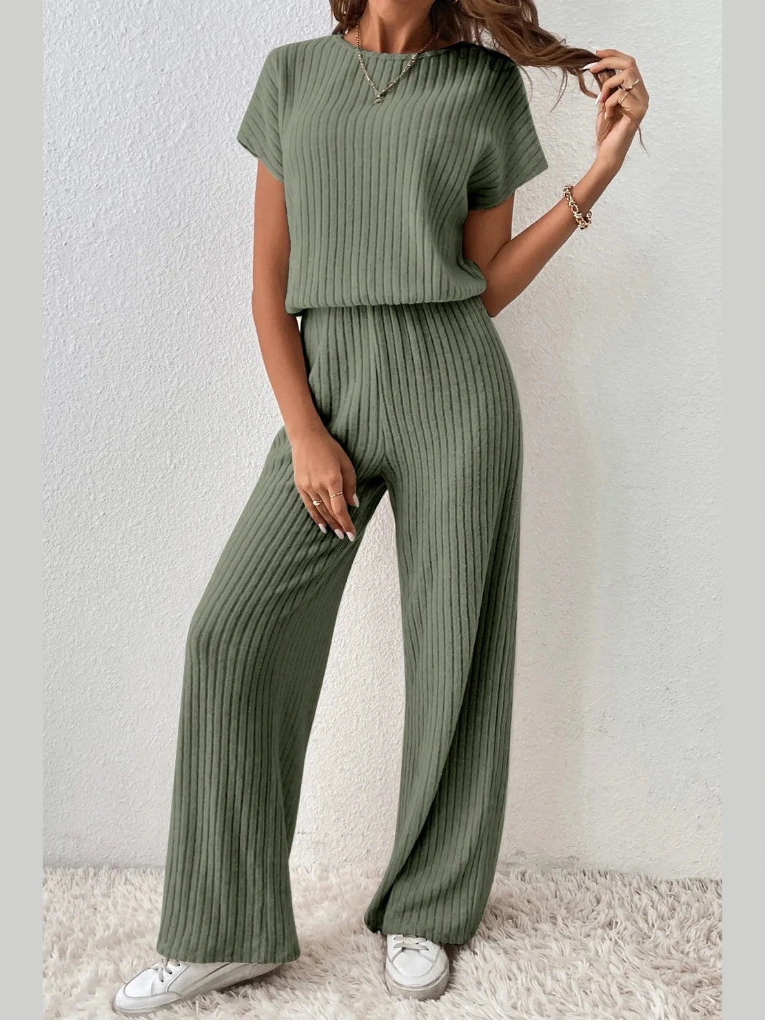 Ribbed Short Sleeve Wide Leg Jumpsuit nicholesgifts