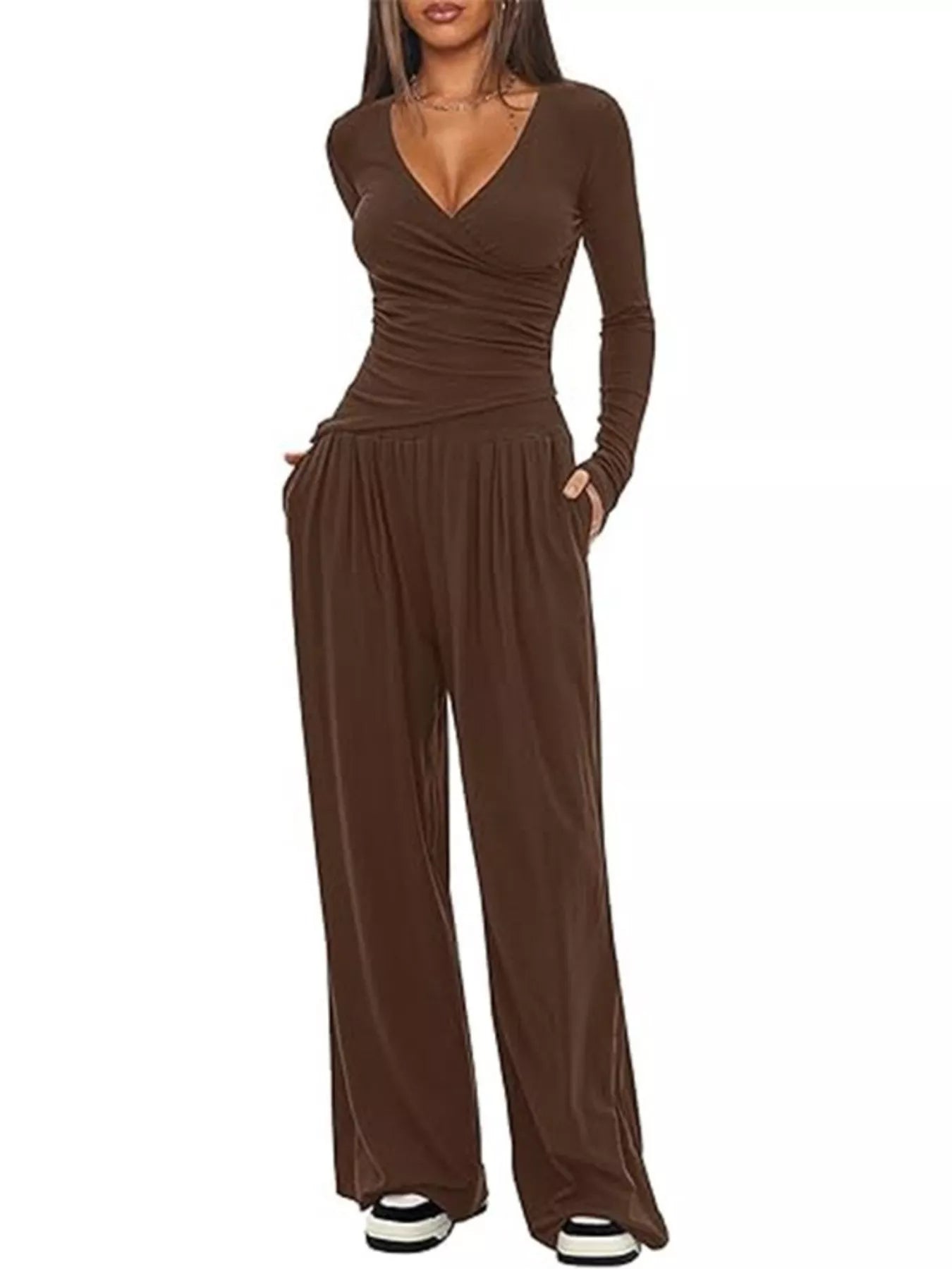 Casual Long Sleeve Top and Wide Leg Pants Set nicholesgifts