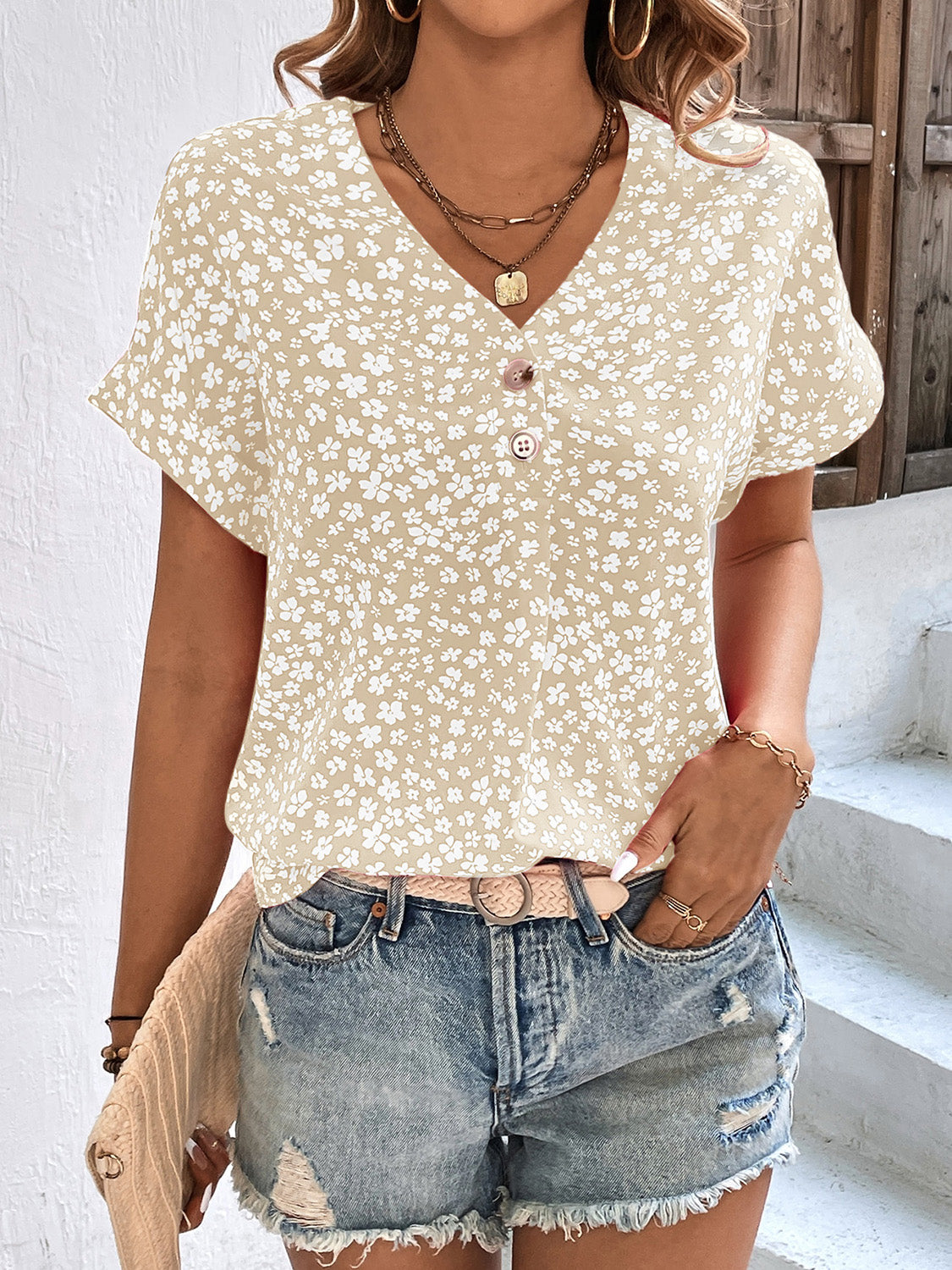 Printed V-Neck Short Sleeve Blouse nicholesgifts