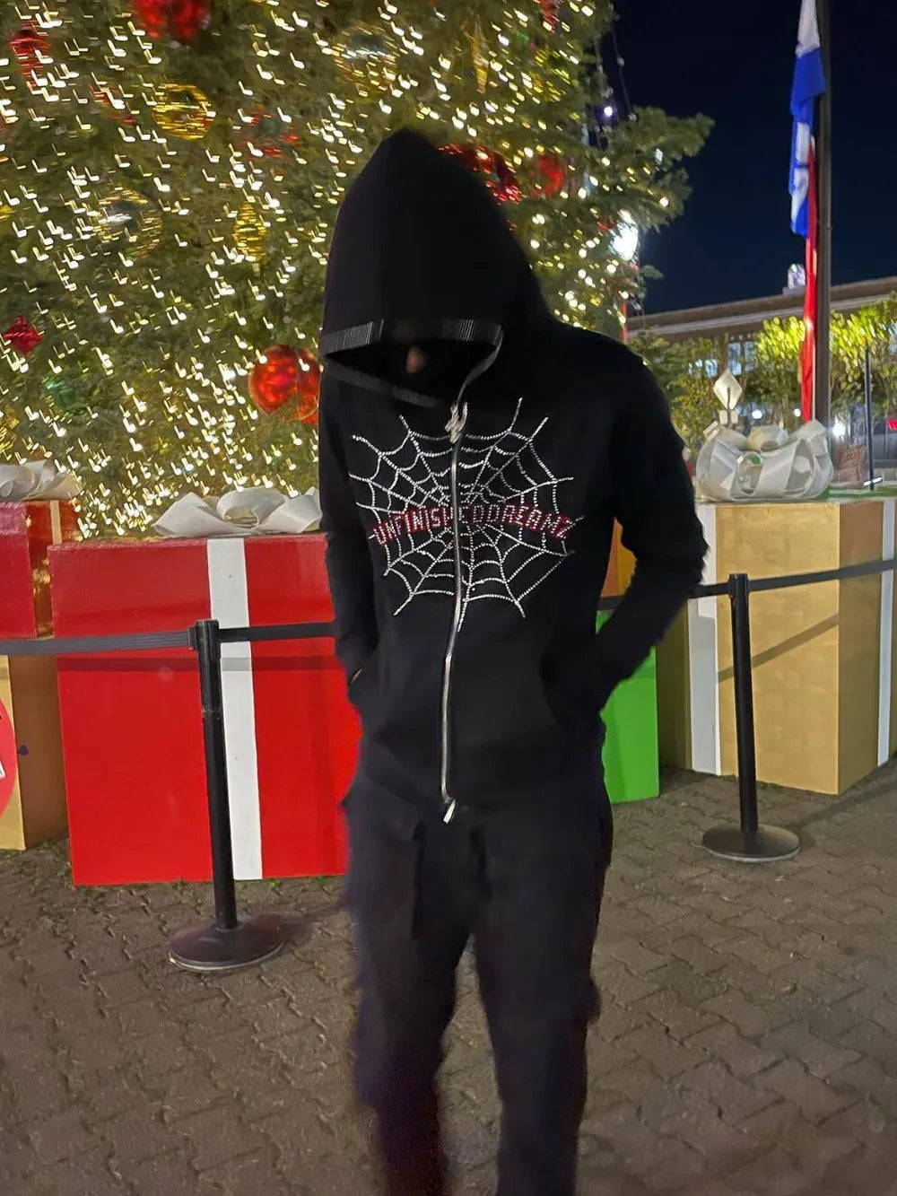 Men's Spider Web Rhinestones Zip-Up Hoodie NicholesGifts