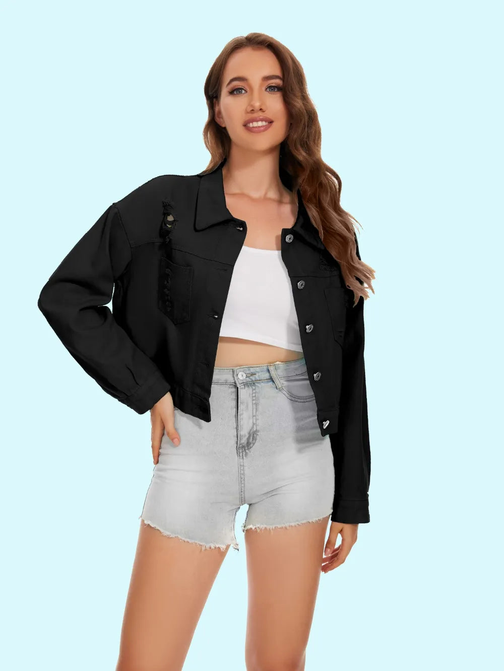 Distressed Distressed Button Up Denim Jacket nicholesgifts