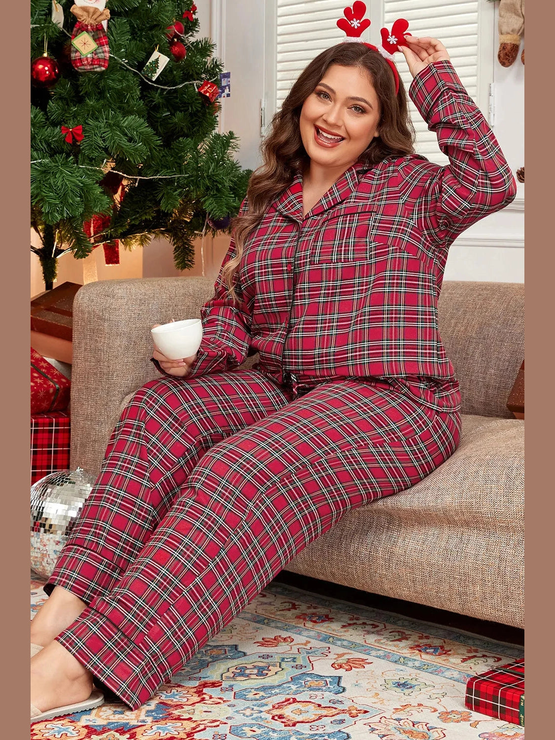 Plus Size Plaid Collared Neck Top and Pants Lounge Set nicholesgifts