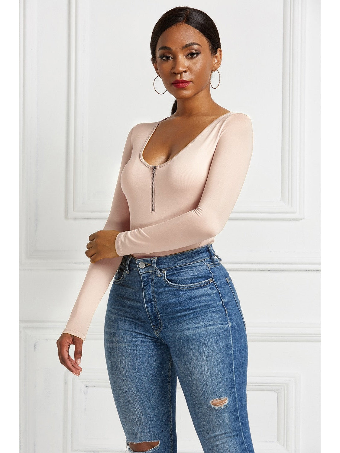 Women Half Zip Scoop Neck Long Sleeve Bodysuit nicholesgifts