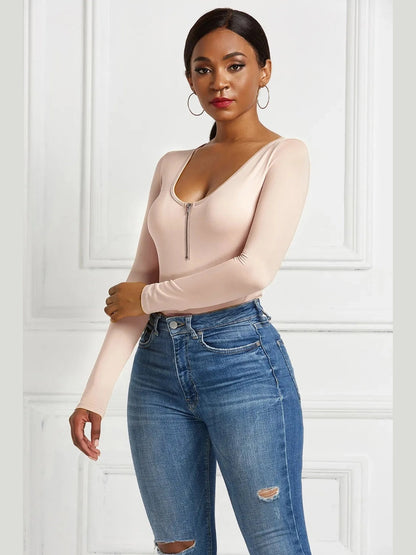 Half Zip Scoop Neck Long Sleeve Bodysuit nicholesgifts