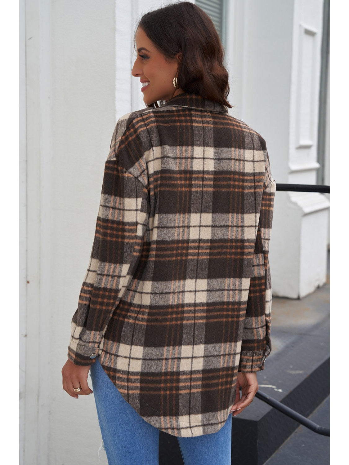 Plaid Curved Hem Dropped Shoulder Longline Shirt Jacket nicholesgifts