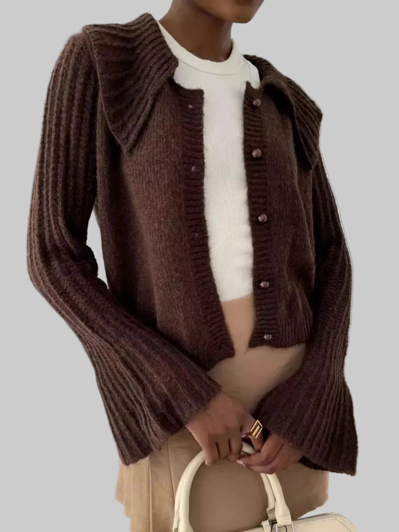 Women Button Up Flare Sleeve Cardigan Sweater nicholesgifts