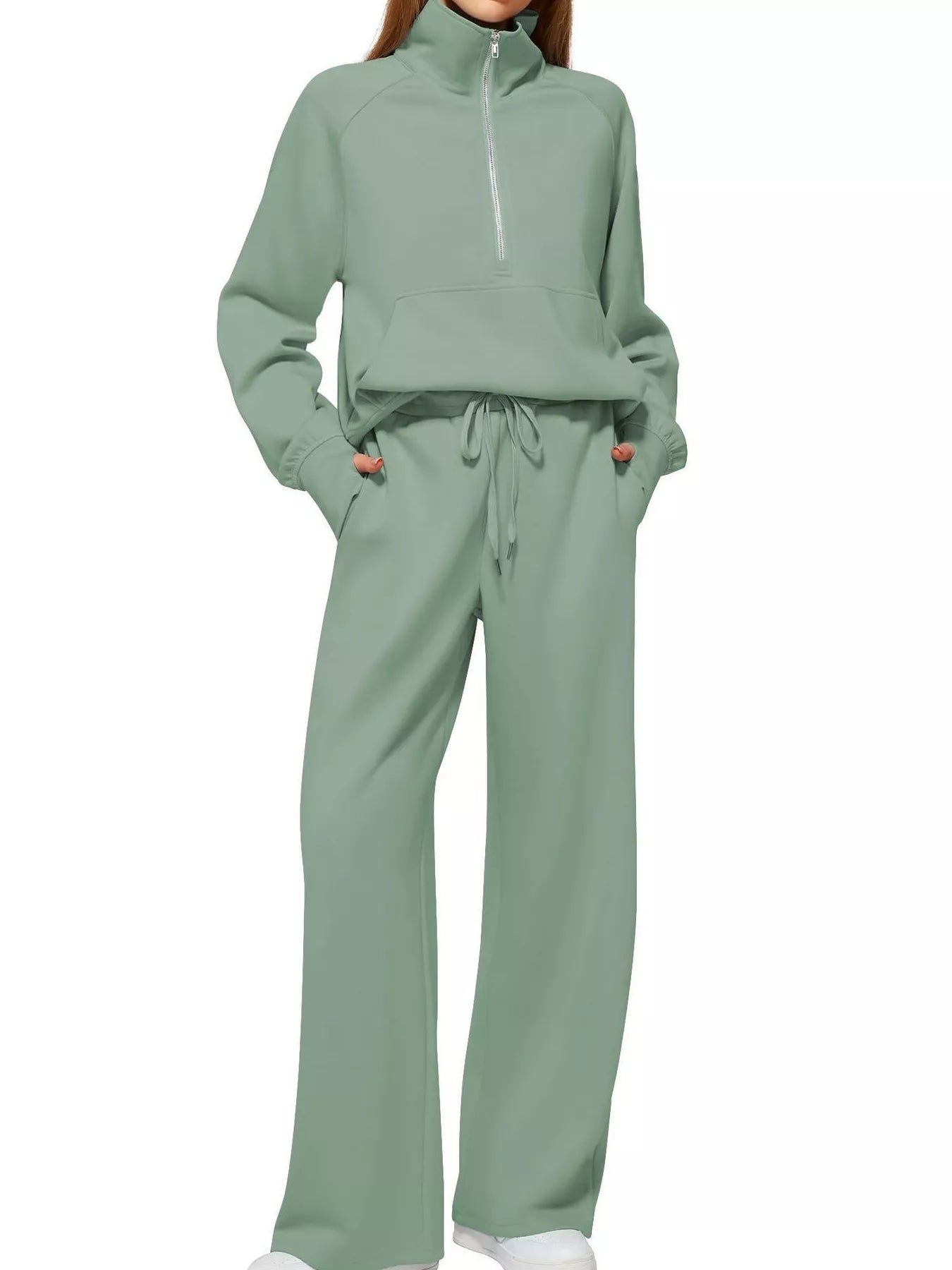 Full Size Half-Zip Sweatshirt and Wide-Leg Pants Set Plus Size Trendsi