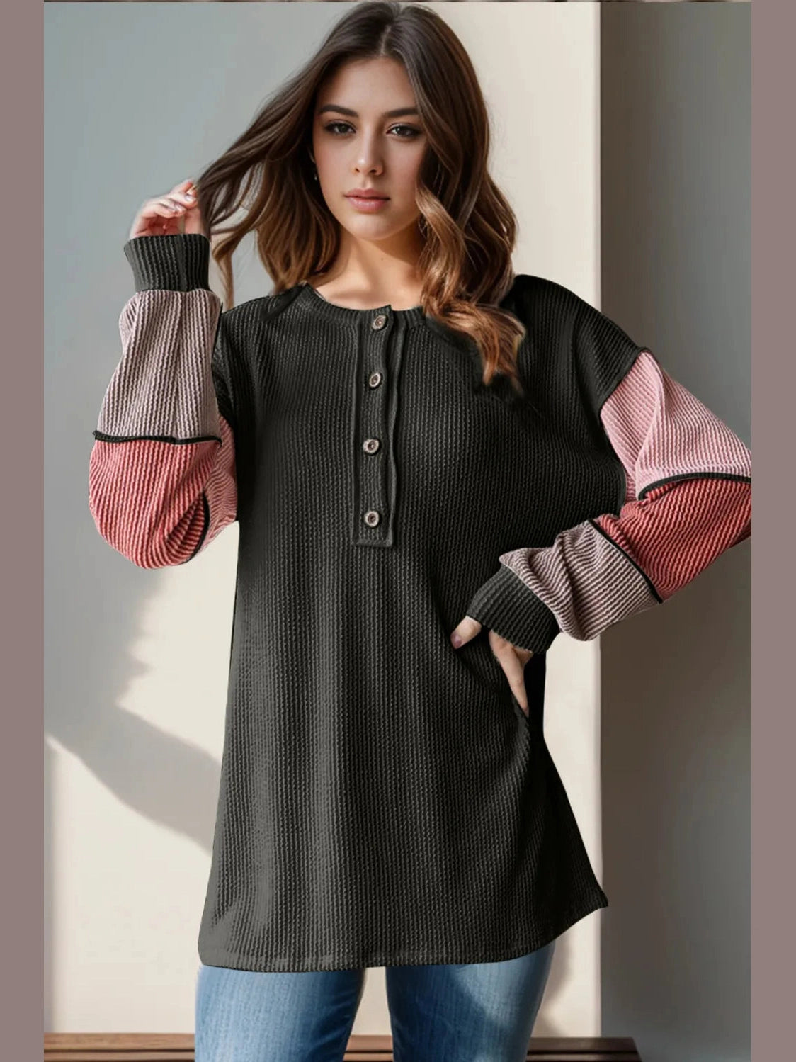 Double Take Full Size Color Block Round Neck Long Sleeve T-Shirt Trendsi