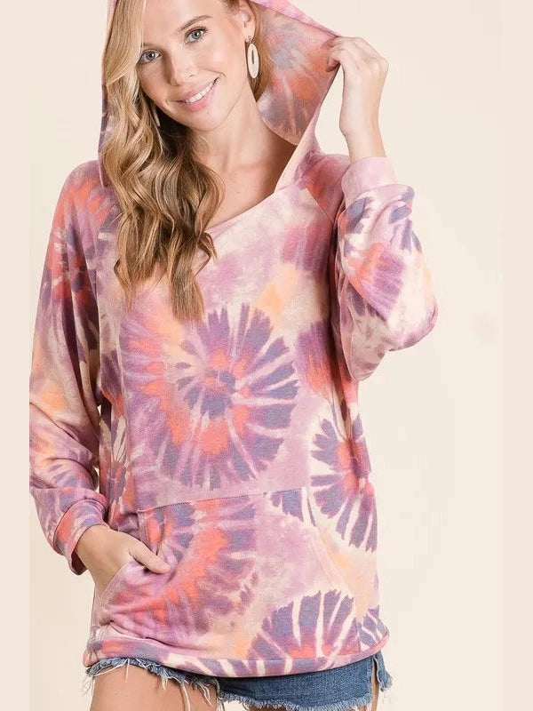 BiBi Circular Tie Dye Print Terry Hoodie with Kangaroo nicholesgifts