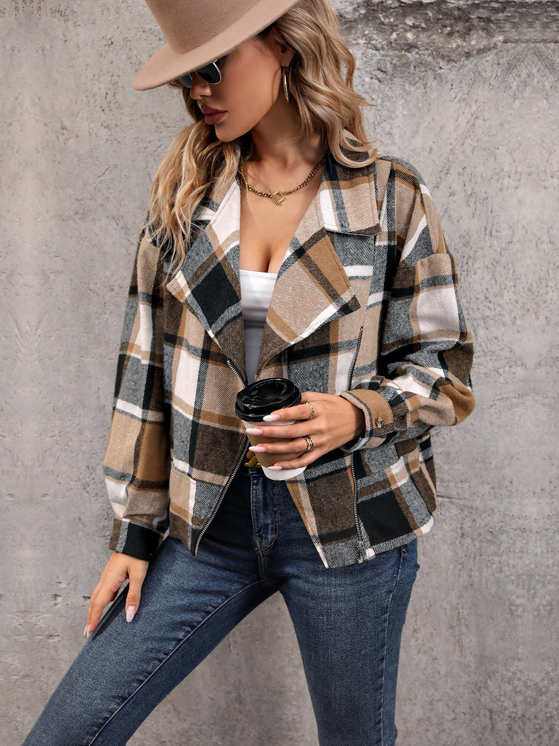 Perfee Plaid Collared Neck Long Sleeve Jacket nicholesgifts