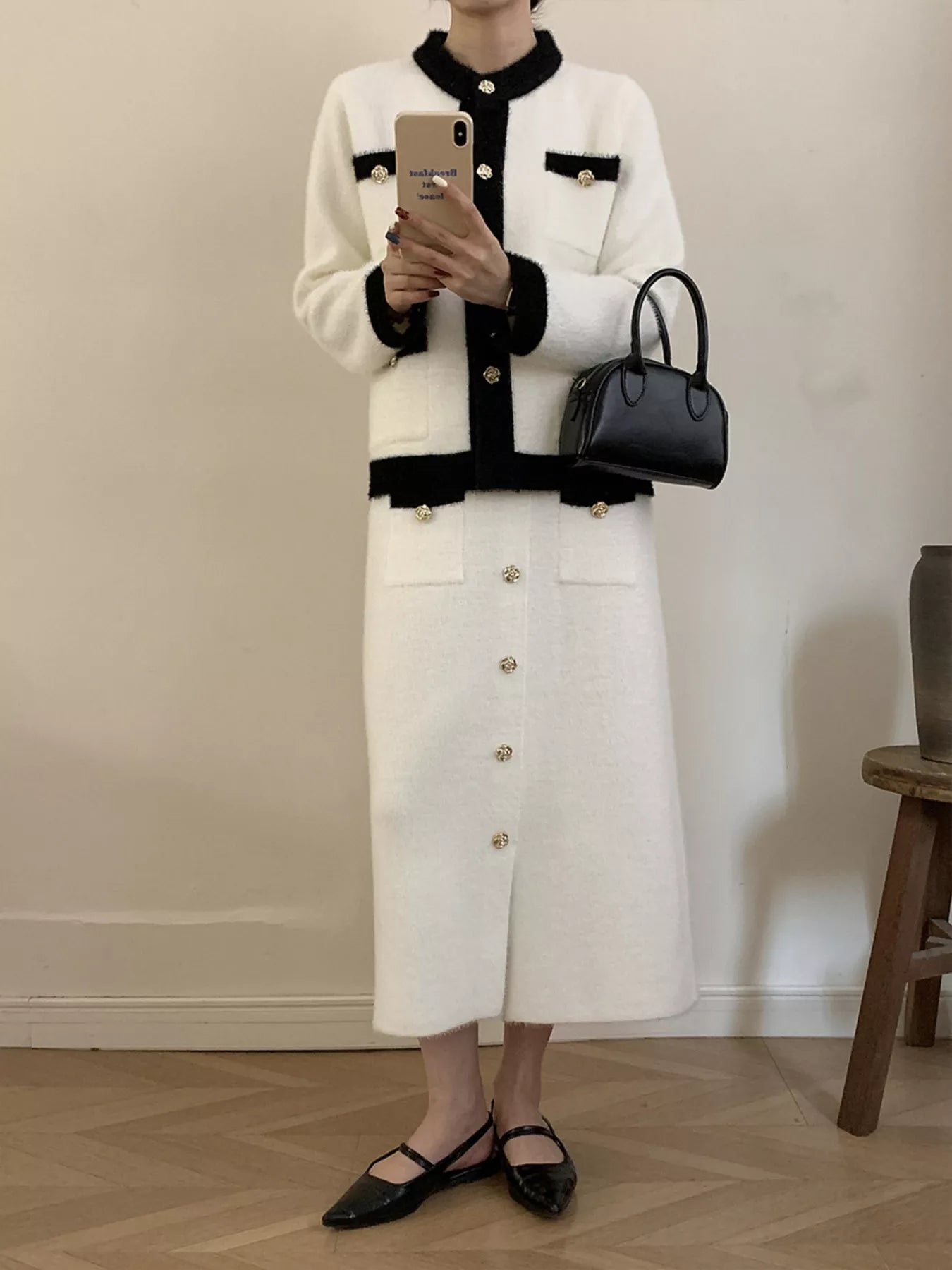 Contrast Trim Jacket and Skirts Sweater Set nicholesgifts