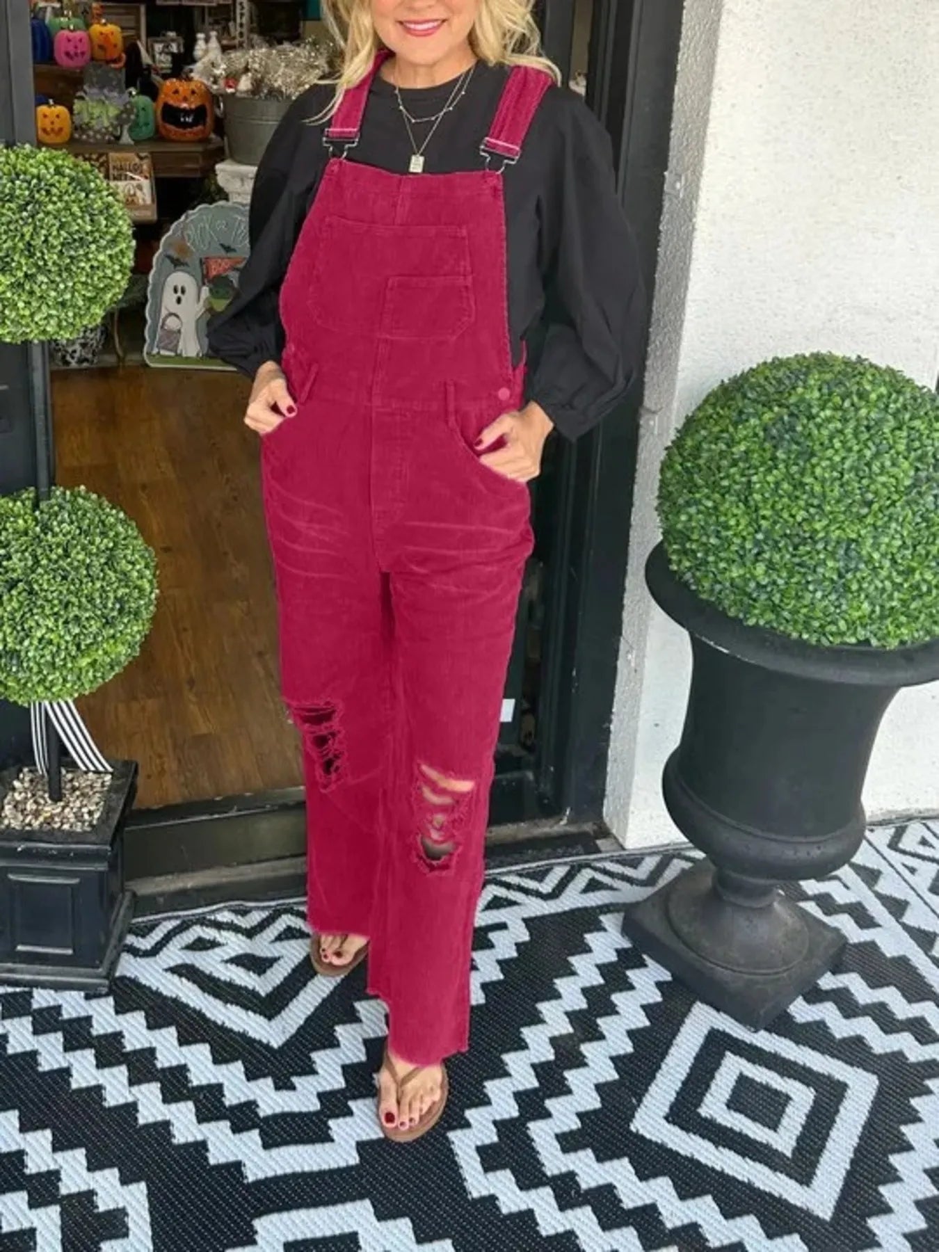 Distressed Wide Leg Corduroy Overalls nicholesgifts
