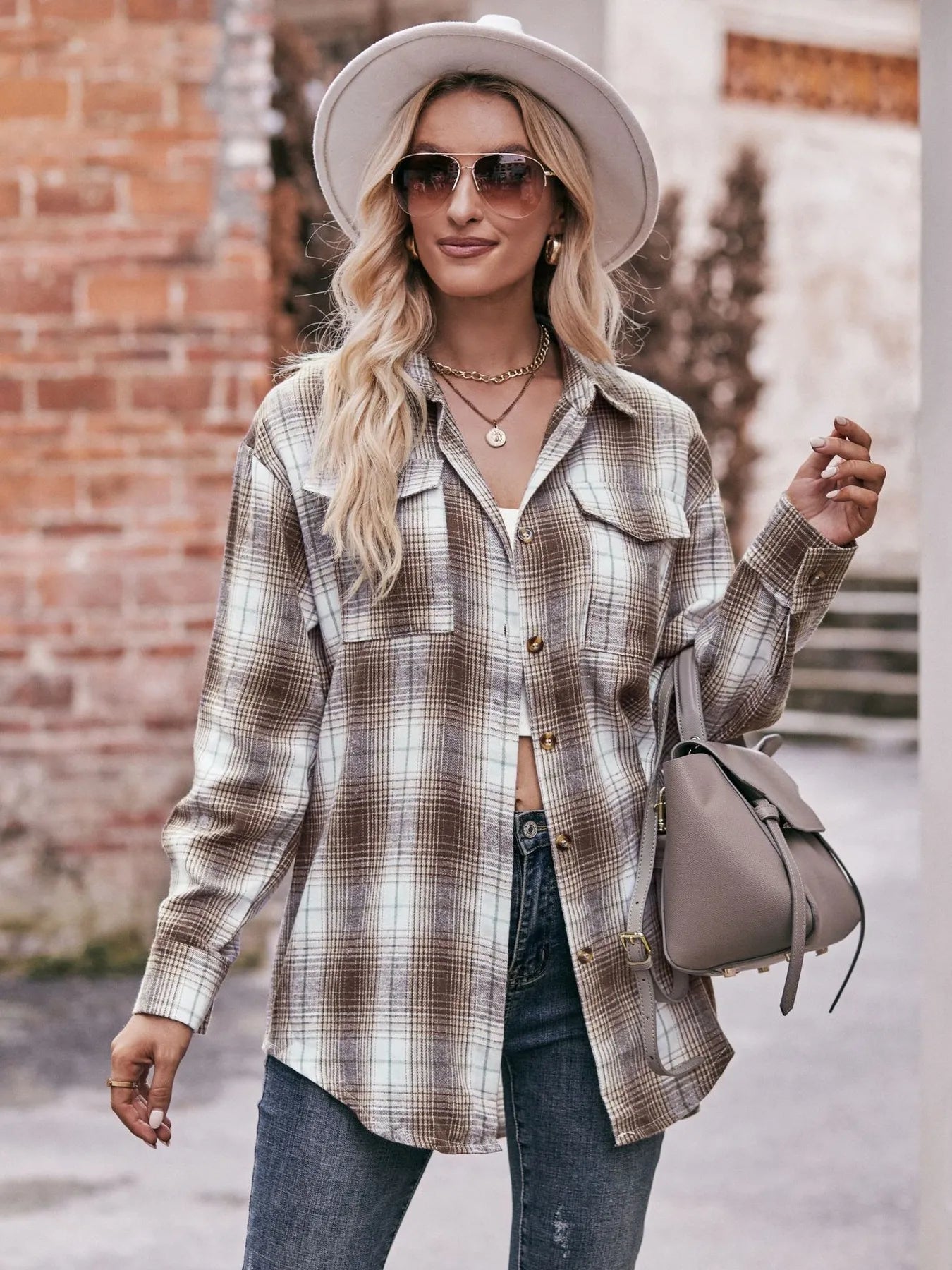 Plaid Button-Down Long Sleeve Shirt Trendsi