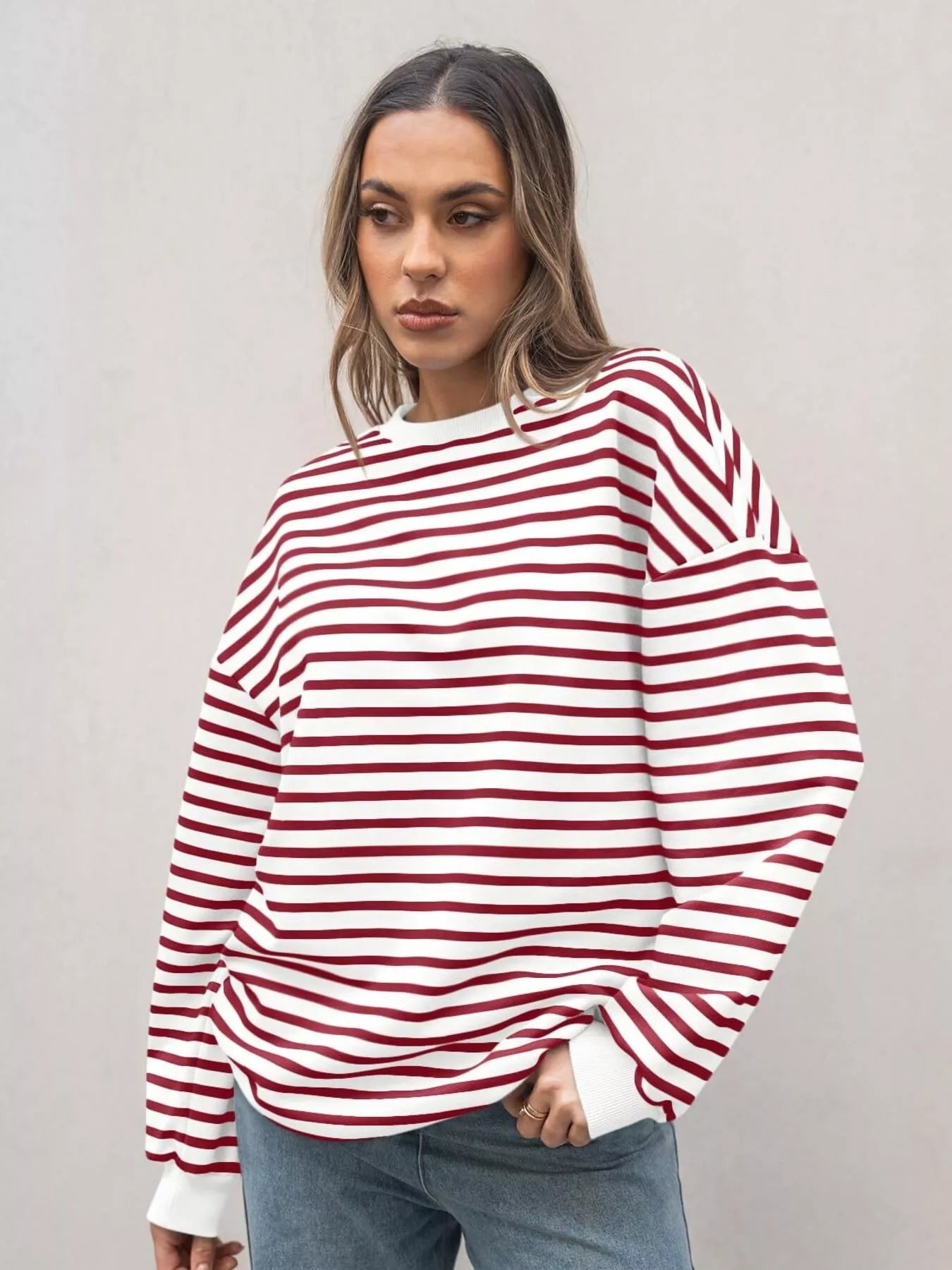 Striped Round Neck Oversized Casual Sweatshirt Trendsi