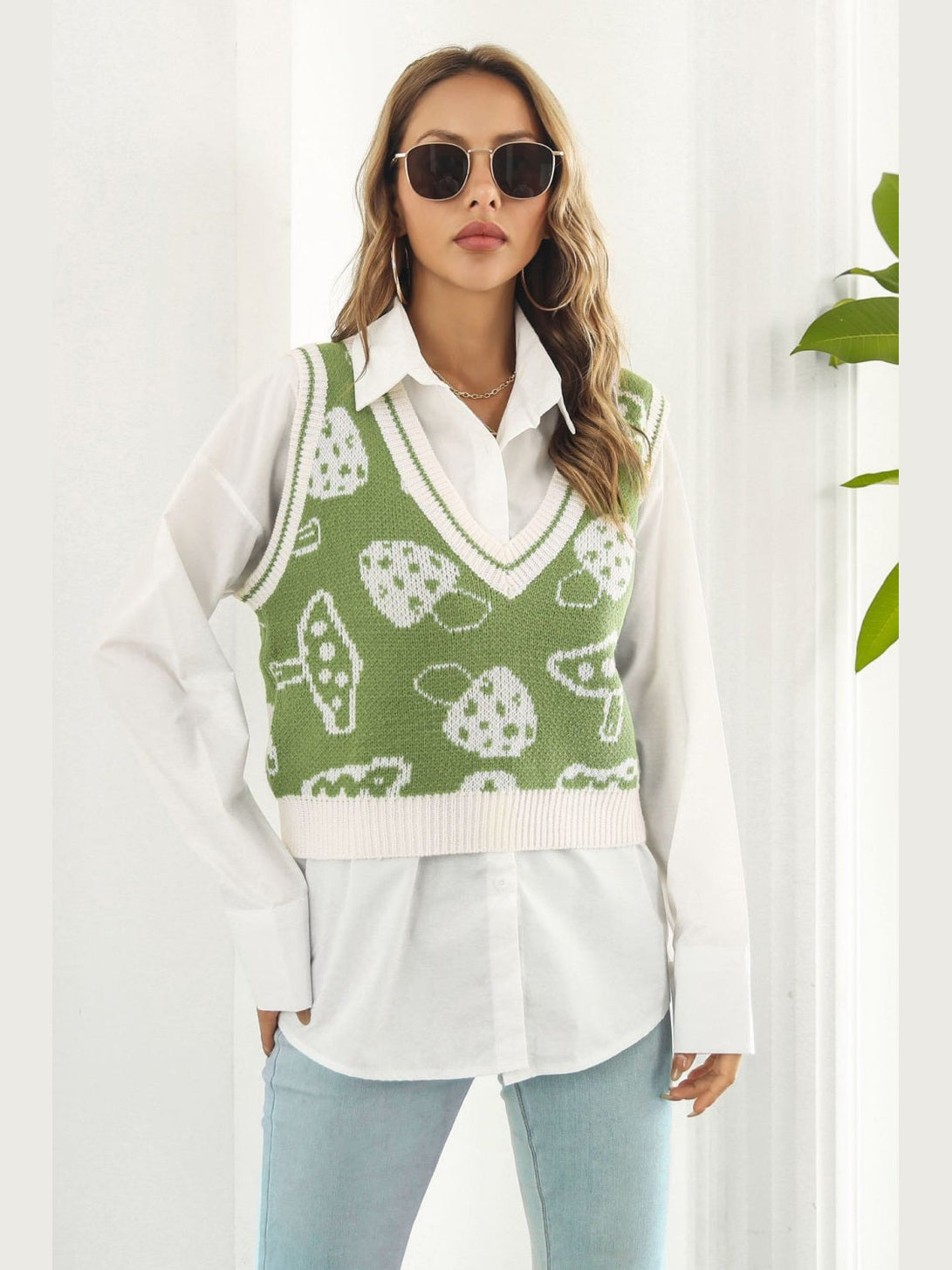 Printed Plunge Neck Sweater Vest nicholesgifts