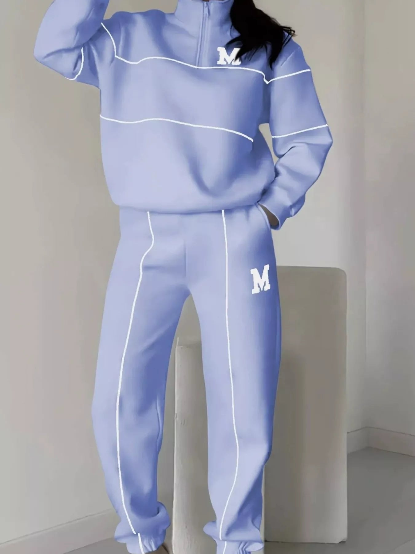 Full Size Striped Quarter Zip Top and Pants Set Plus Size nicholesgifts