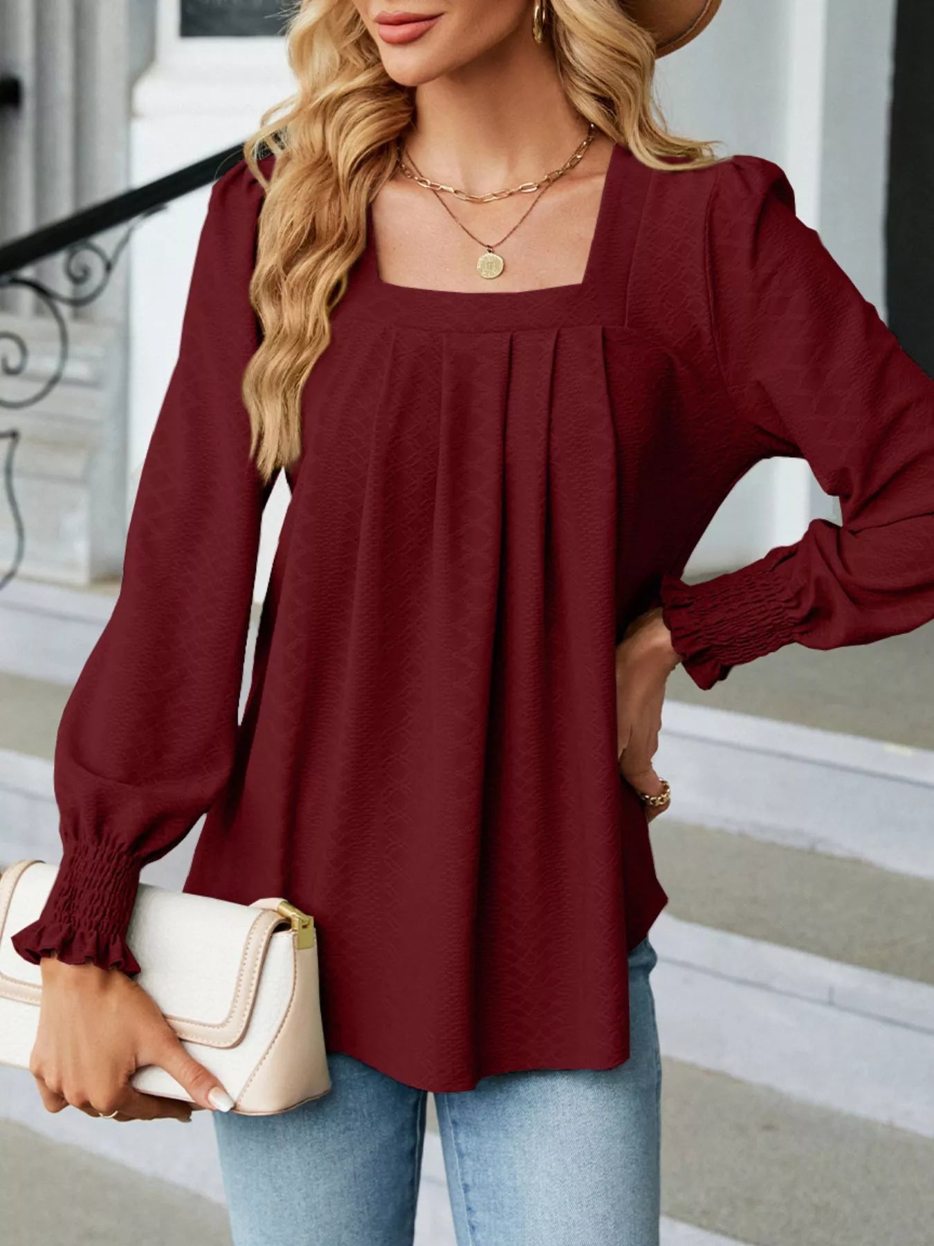 Pleated Square Neck Long Sleeve Top Trendsi