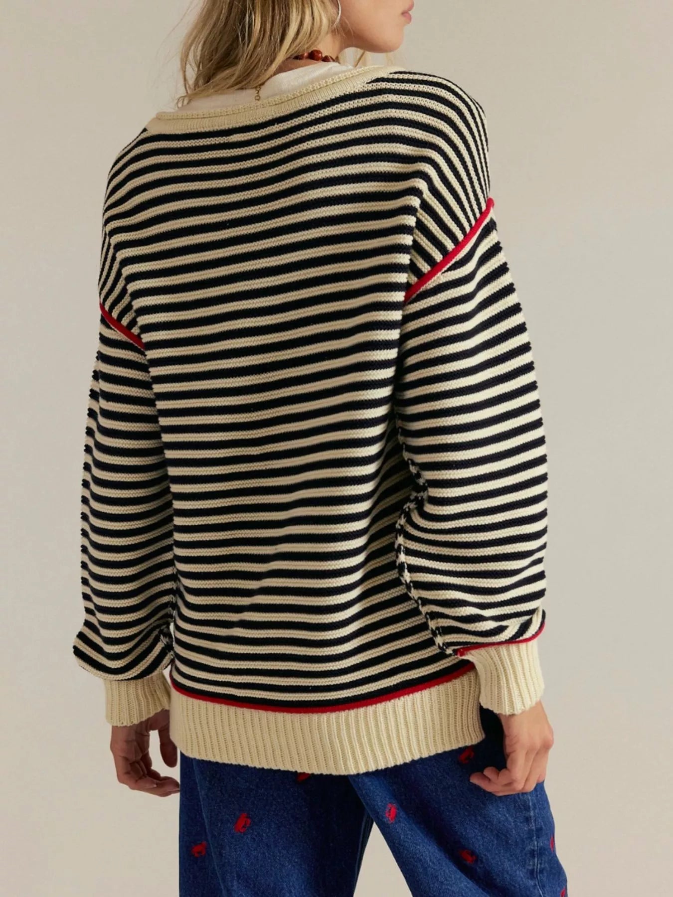 Striped Round Neck Long Sleeve Sweater Trendsi
