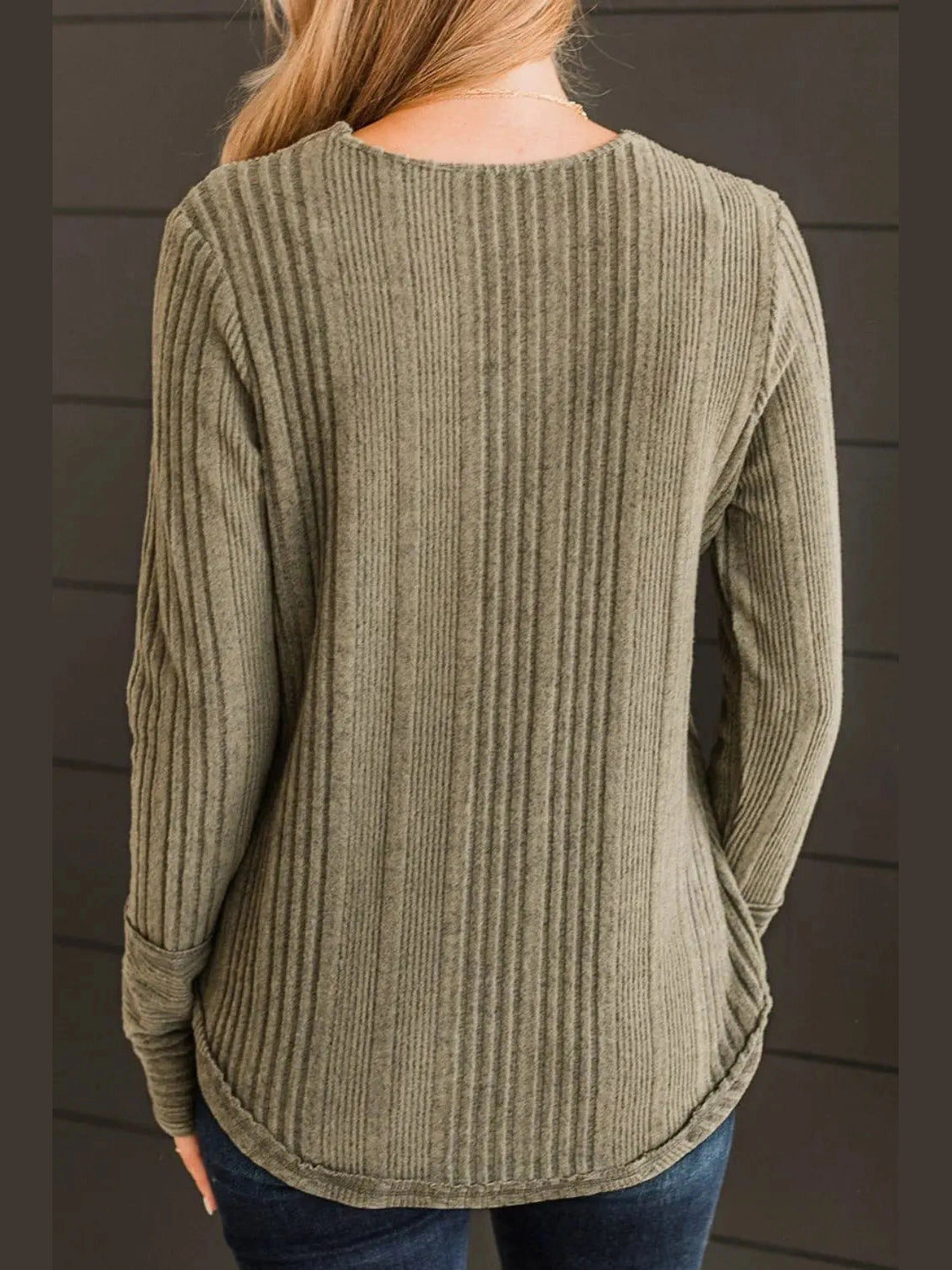 Ribbed Buttoned Long Sleeve Blouse NicholesGifts