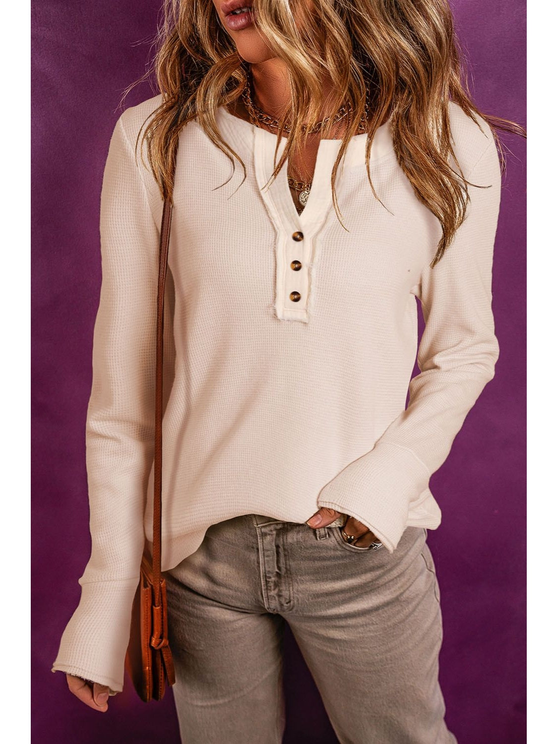 Waffle Knit Textured Henley Top nicholesgifts