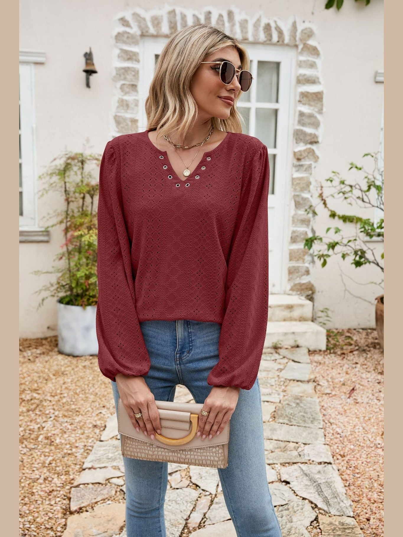 Eyelet Notched Neck Balloon Sleeve Blouse