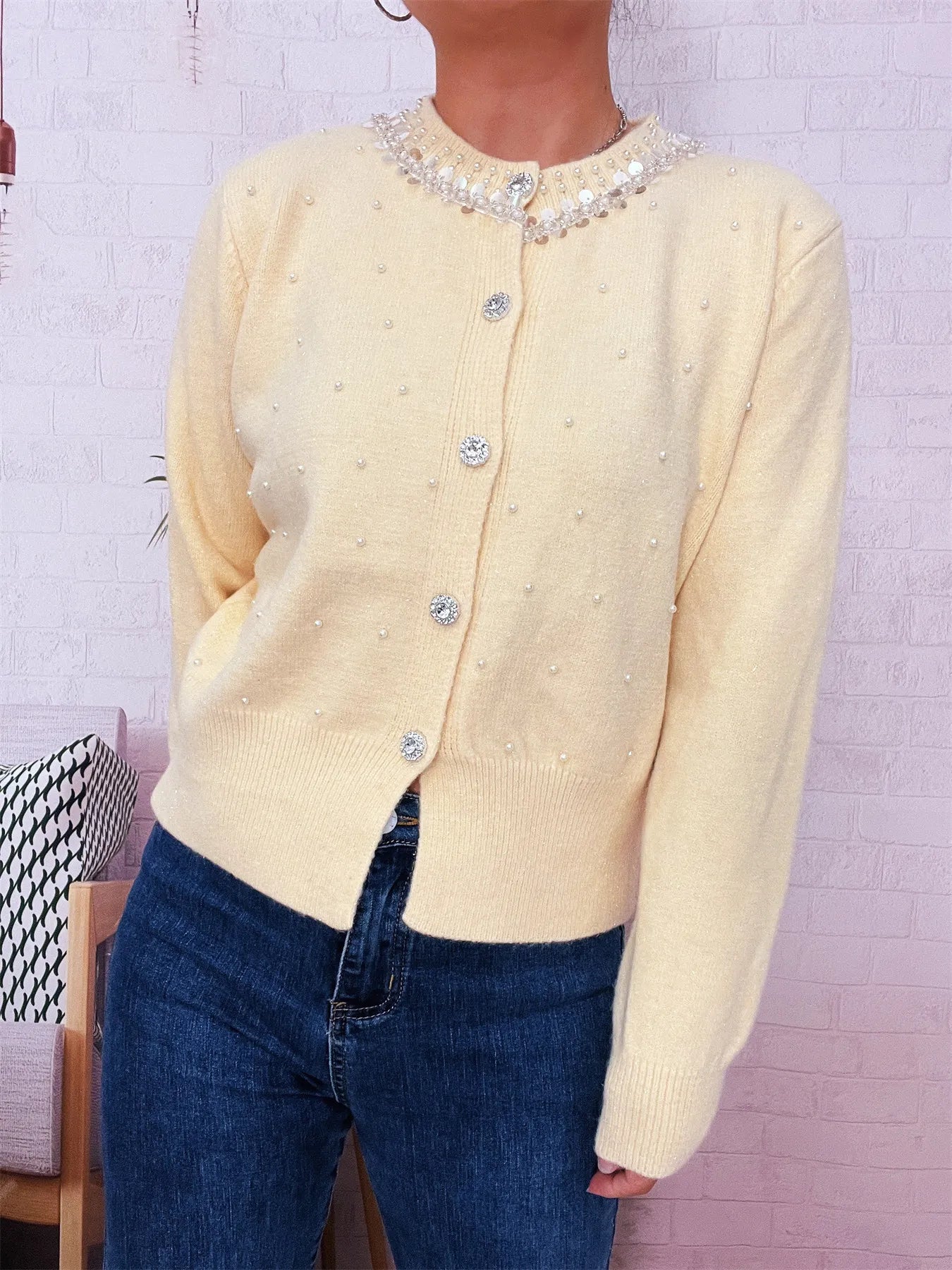 Pearl Detail Button-Front Cardigan NicholesGifts