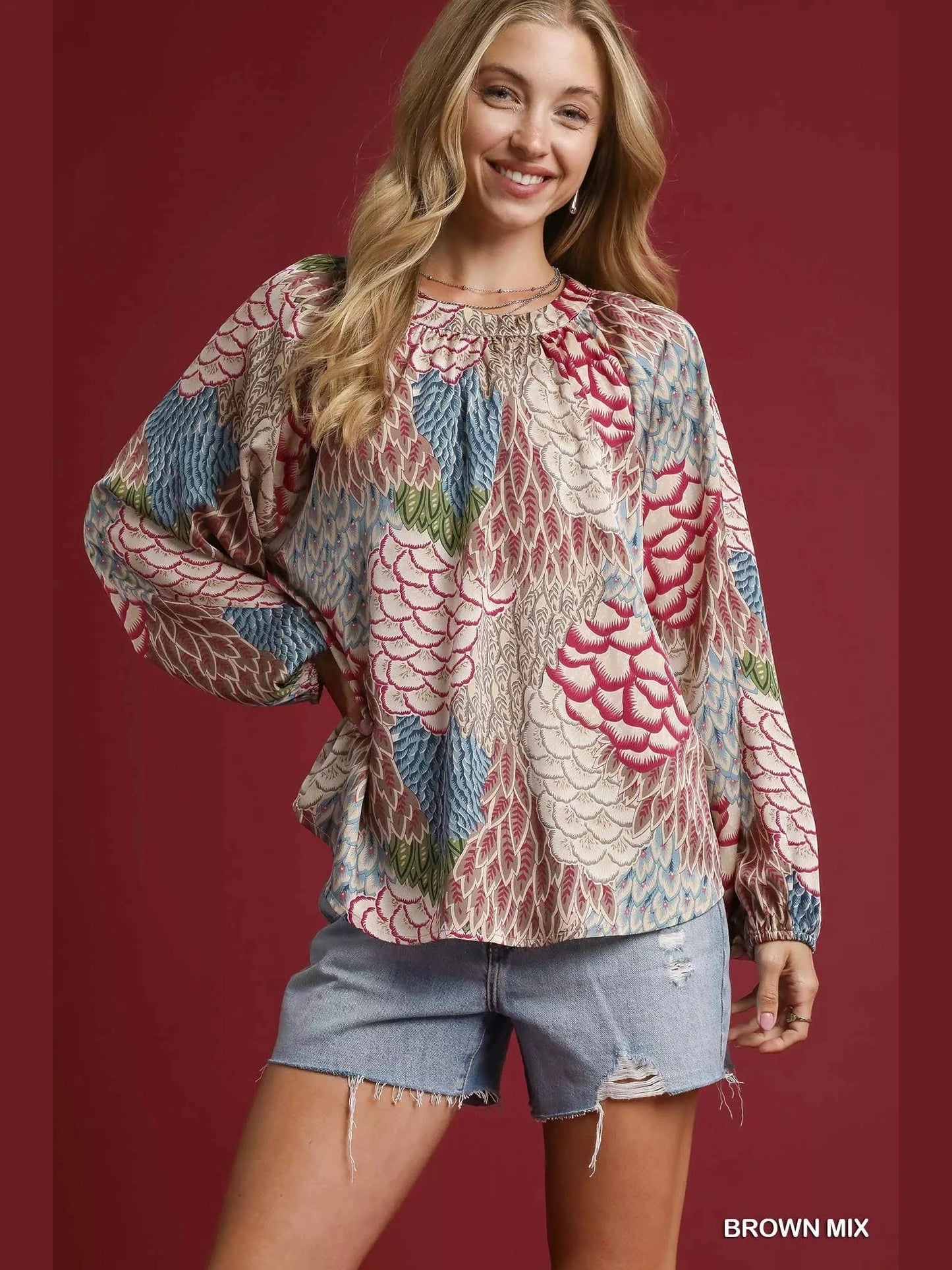 Umgee Boho Feather Print Peasant Blouse NicholesGifts