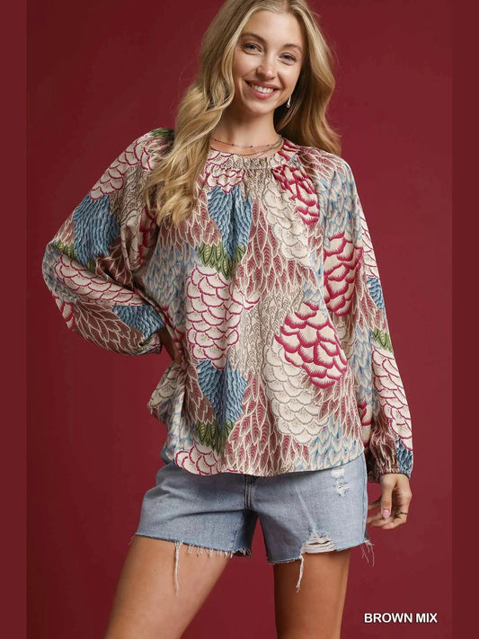 Umgee Boho Feather Print Peasant Blouse NicholesGifts