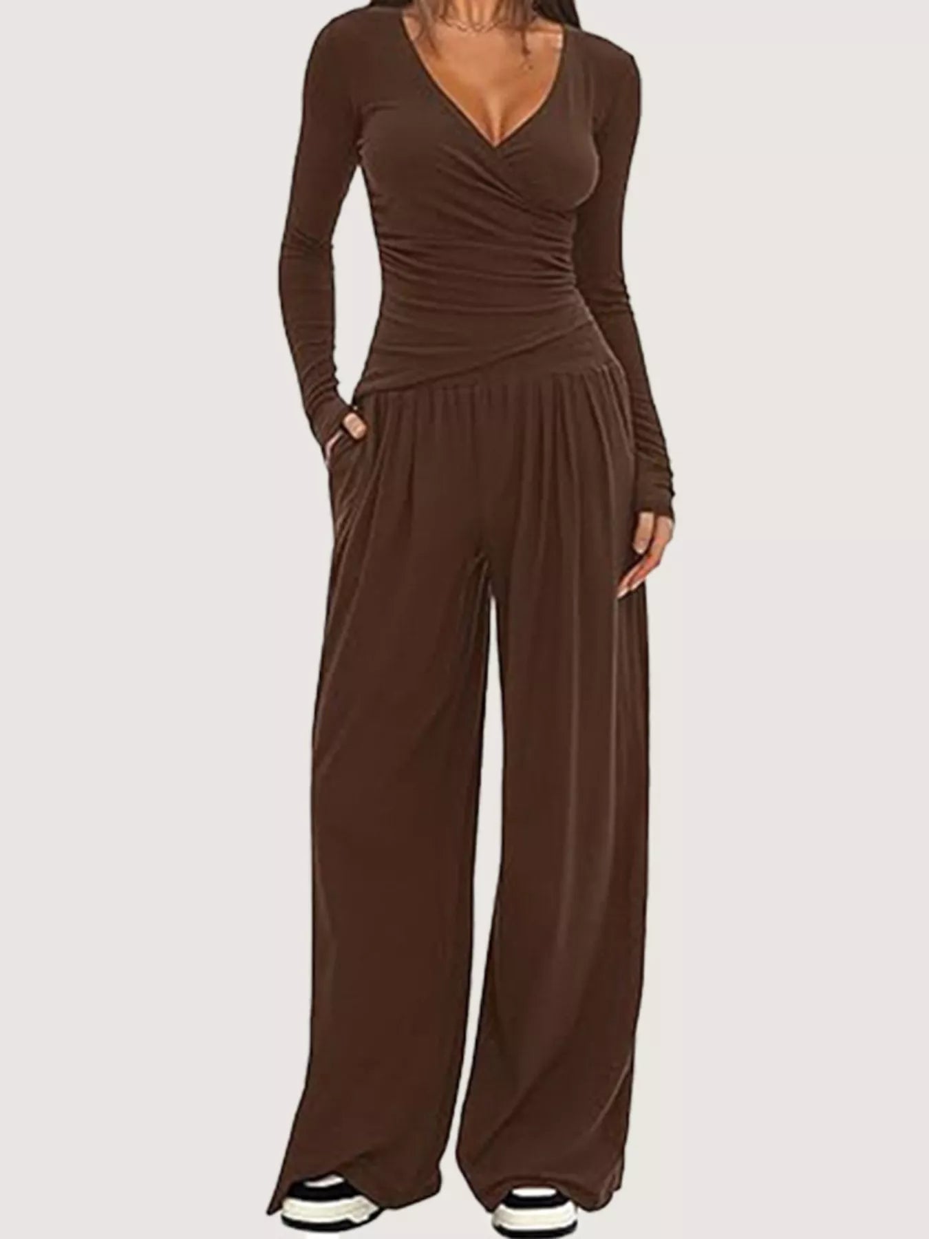 Casual Long Sleeve Top and Wide Leg Pants Set nicholesgifts
