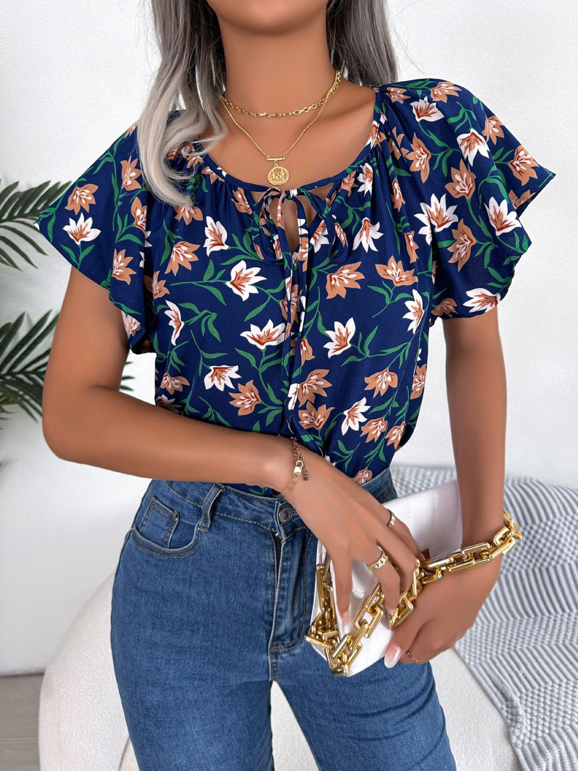 Floral Tie Neck Flutter Sleeve Blouse nicholesgifts