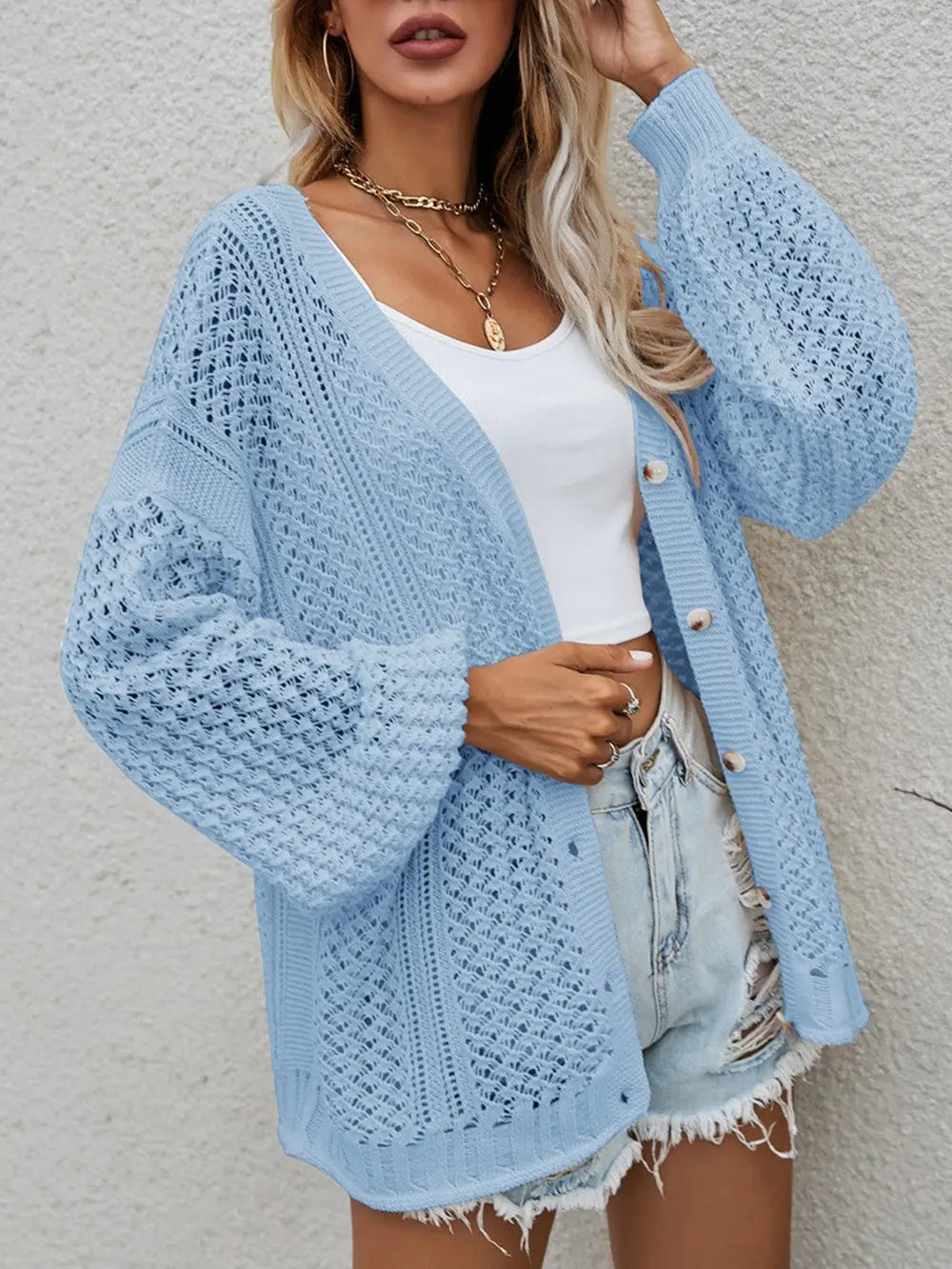 Openwork Button Front Cardigan nicholesgifts