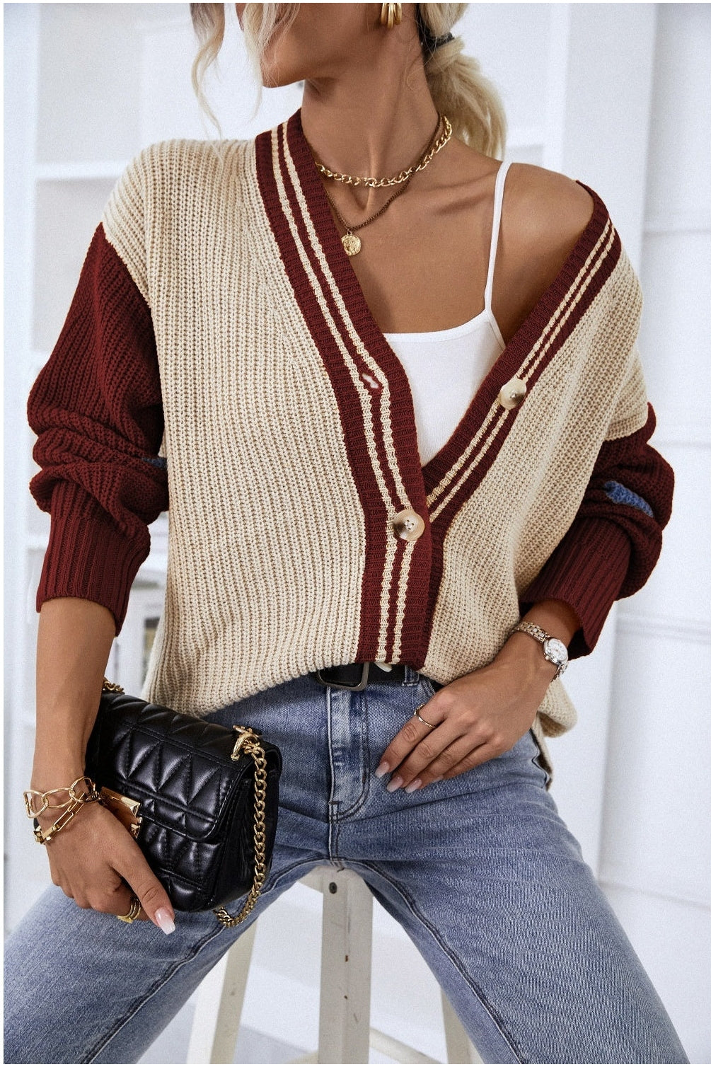 Contrast Button Up Dropped Shoulder Cardigan nicholesgifts