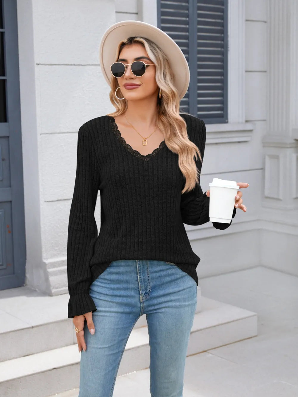 Lace Detail V-Neck Long Sleeve T-Shirt NicholesGifts