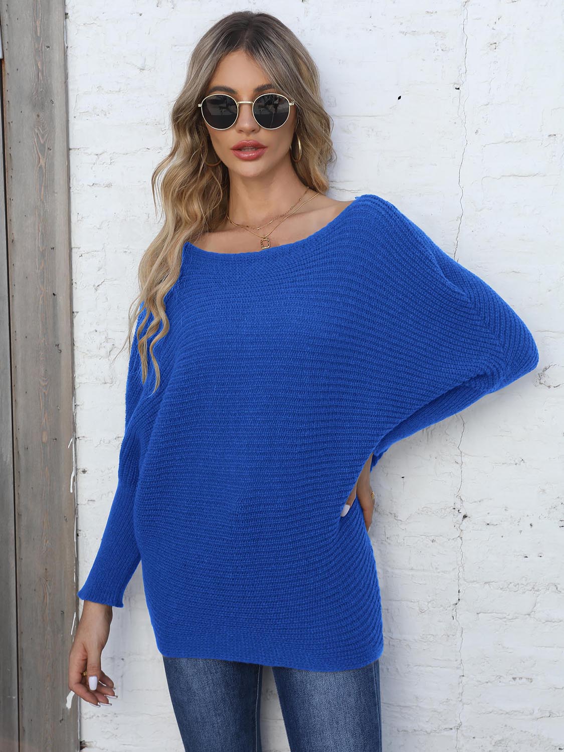 Full Size Horizontal Ribbing Dolman Sleeve Sweater Trendsi