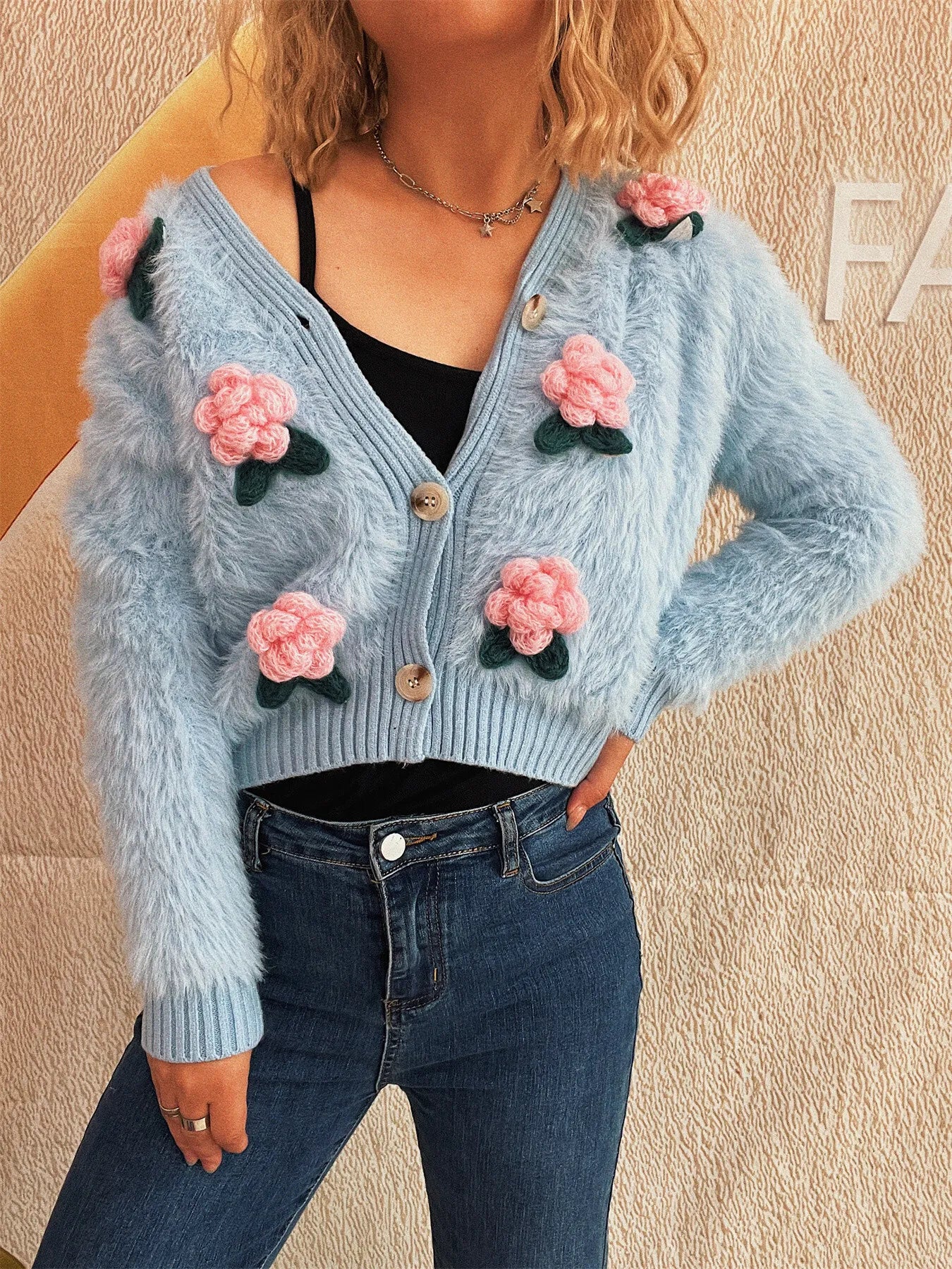 Flower Fuzzy Button-Up Cardigan